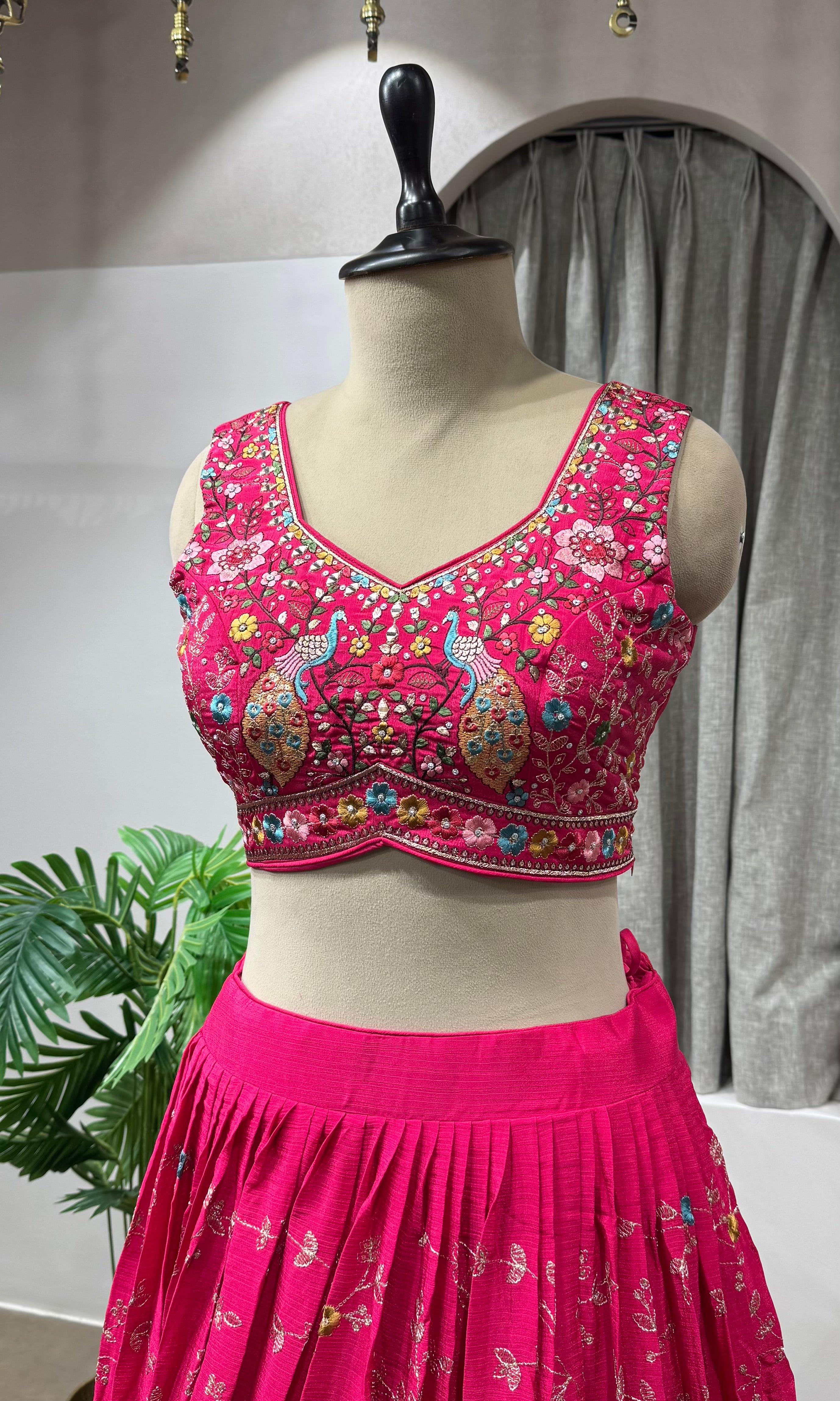 Fuchsia pink floral embroidered Lehenga set