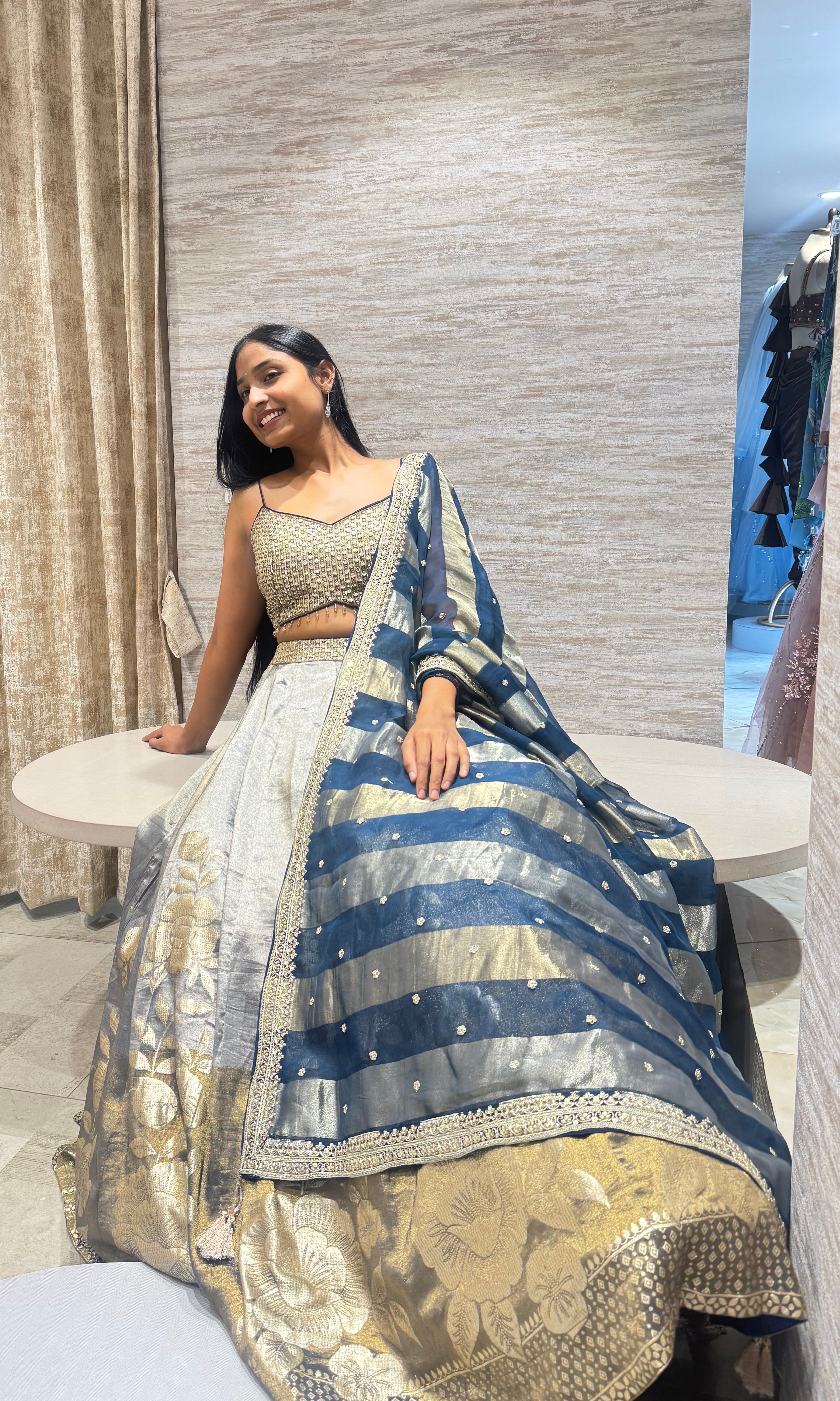 blue Gold floral Zari Lehenga set