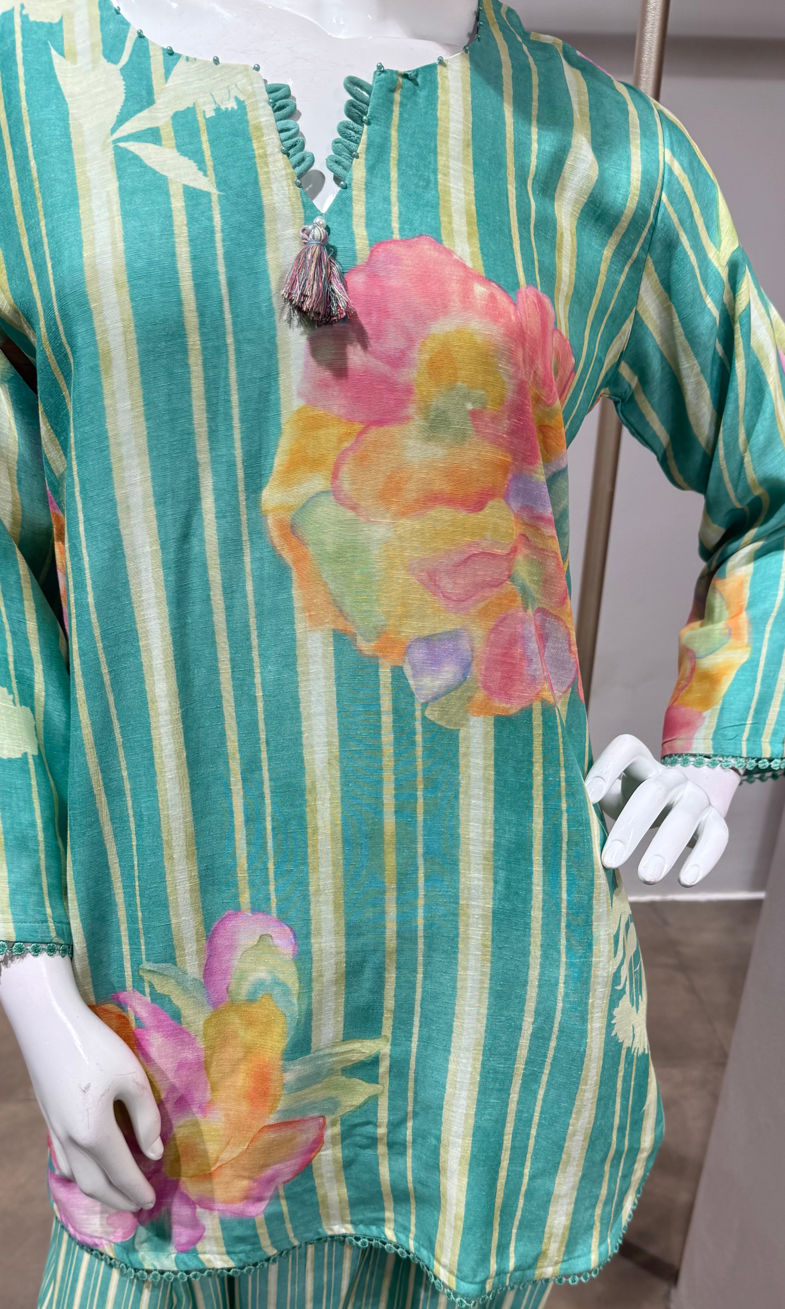 Aqua Green Floral Printed Farsi salwar