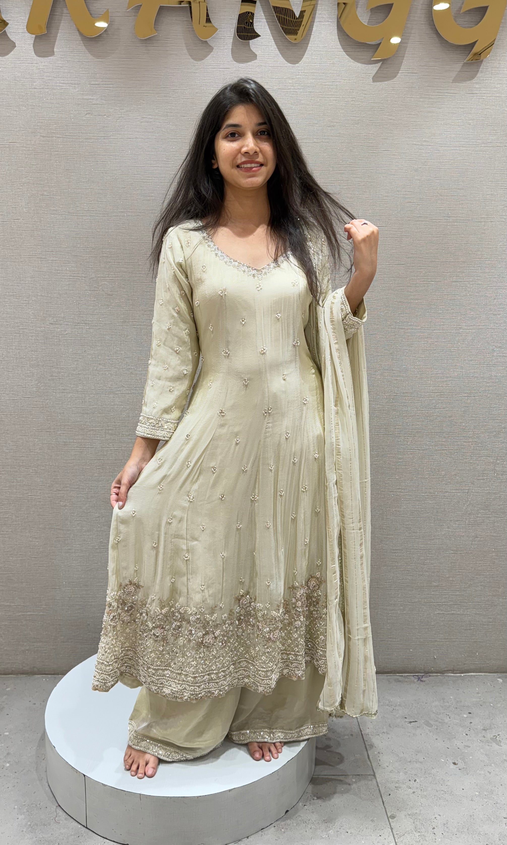 Half white FLORAL EMBROIDERED ANARKALI