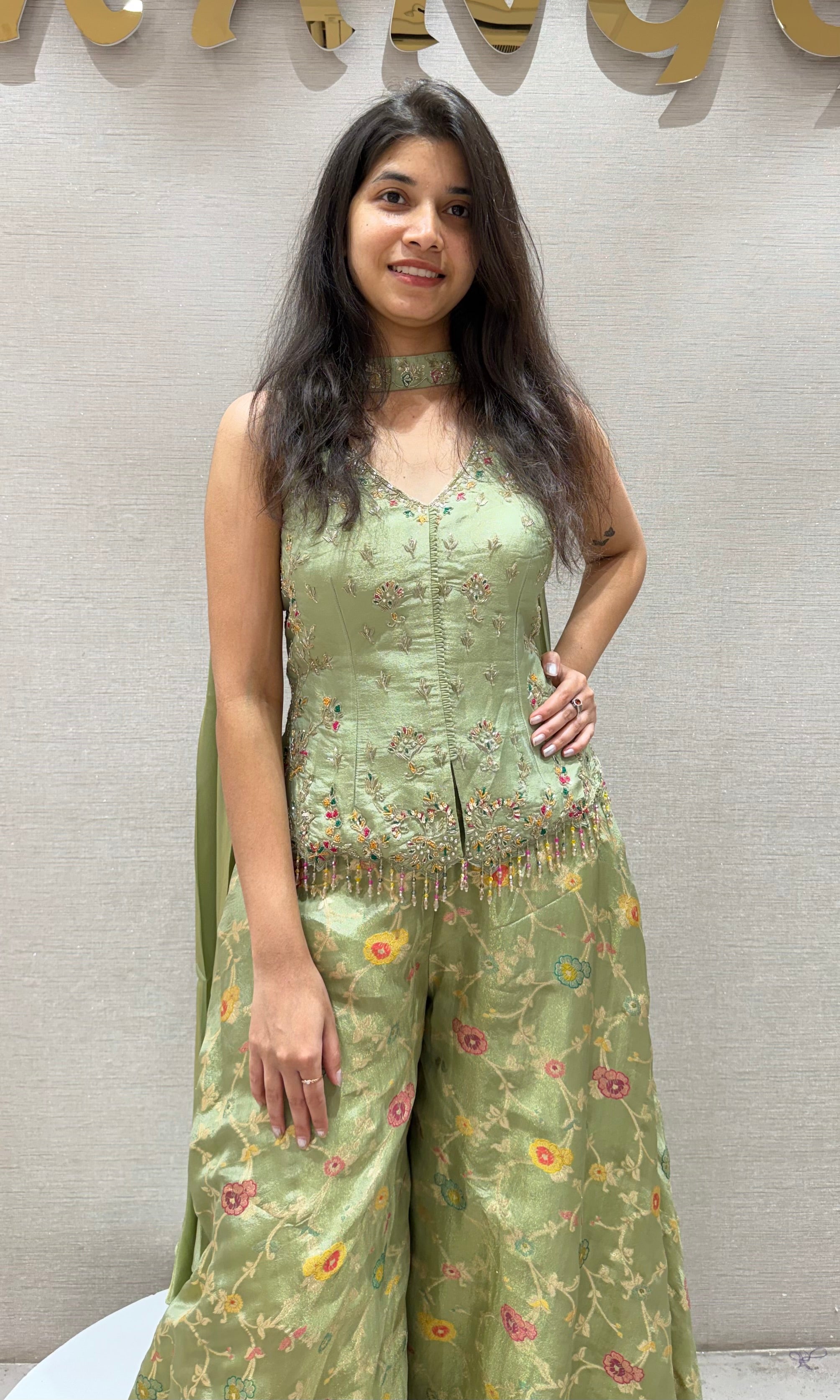 Pista green FLORAL EMBROIDERED PALAZZO SET