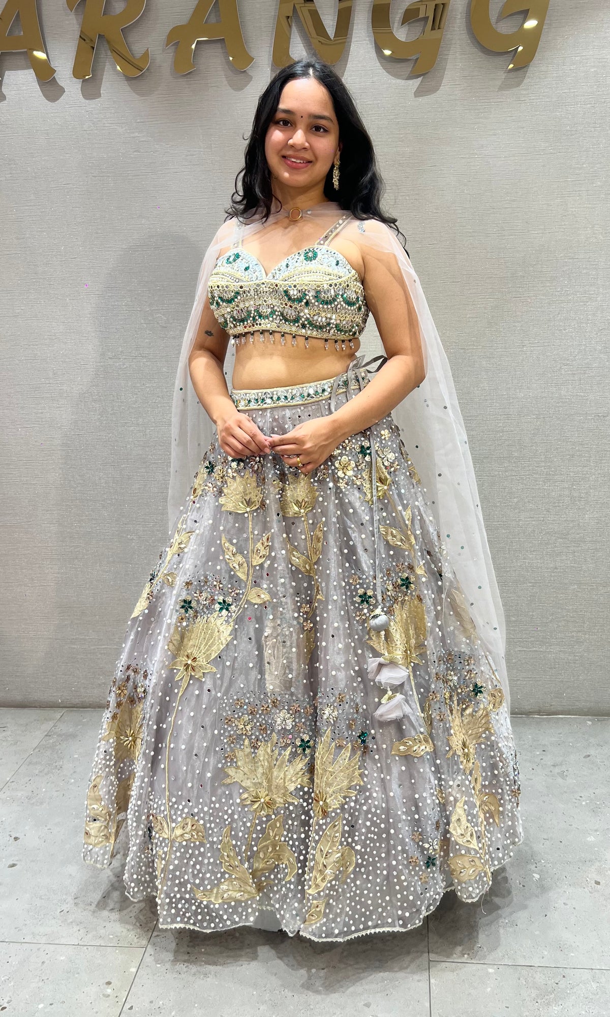 grey and gold soft net Crystal pastel bridal lehenga set