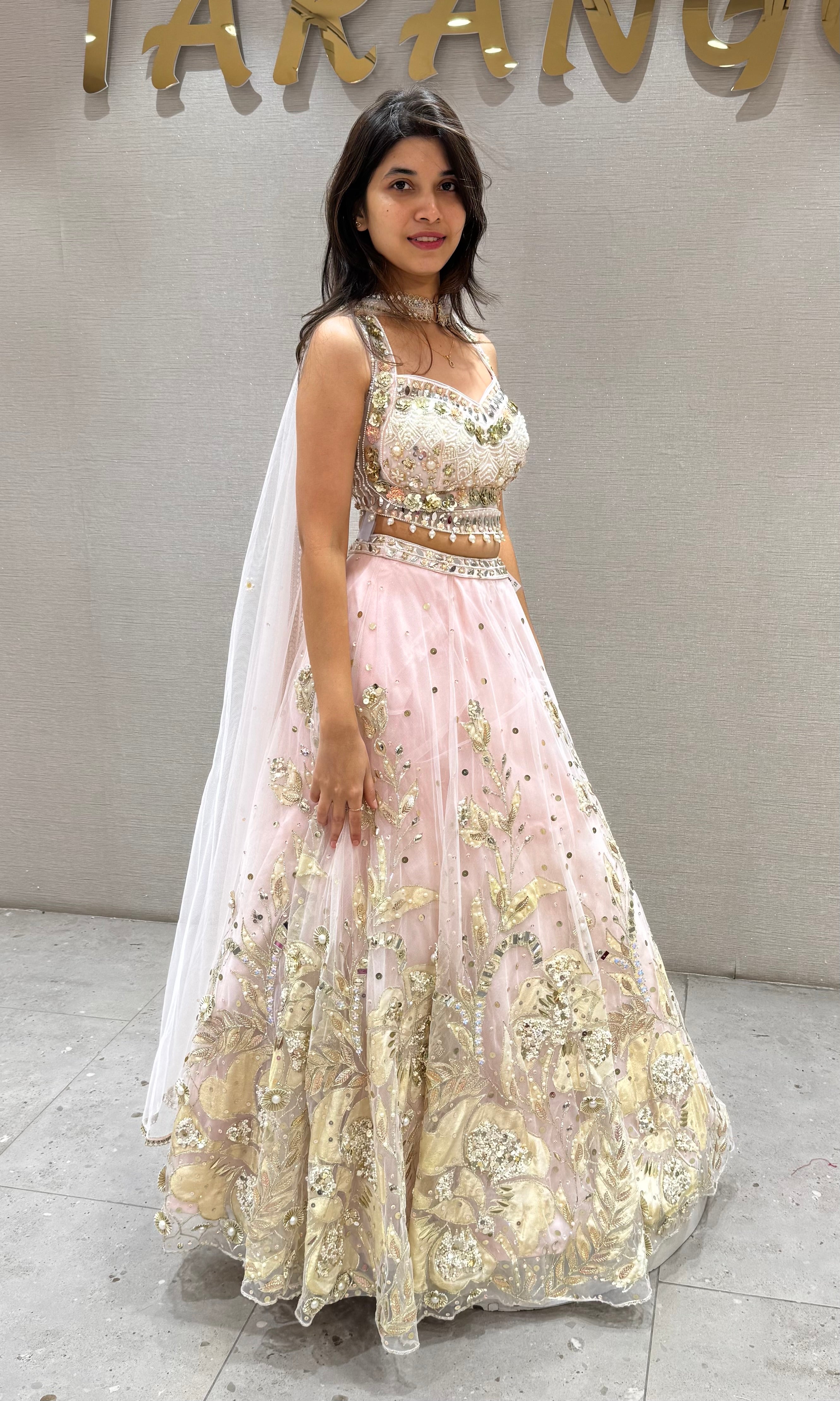Pastel Pink Net Embroidered Bridal Lehenga