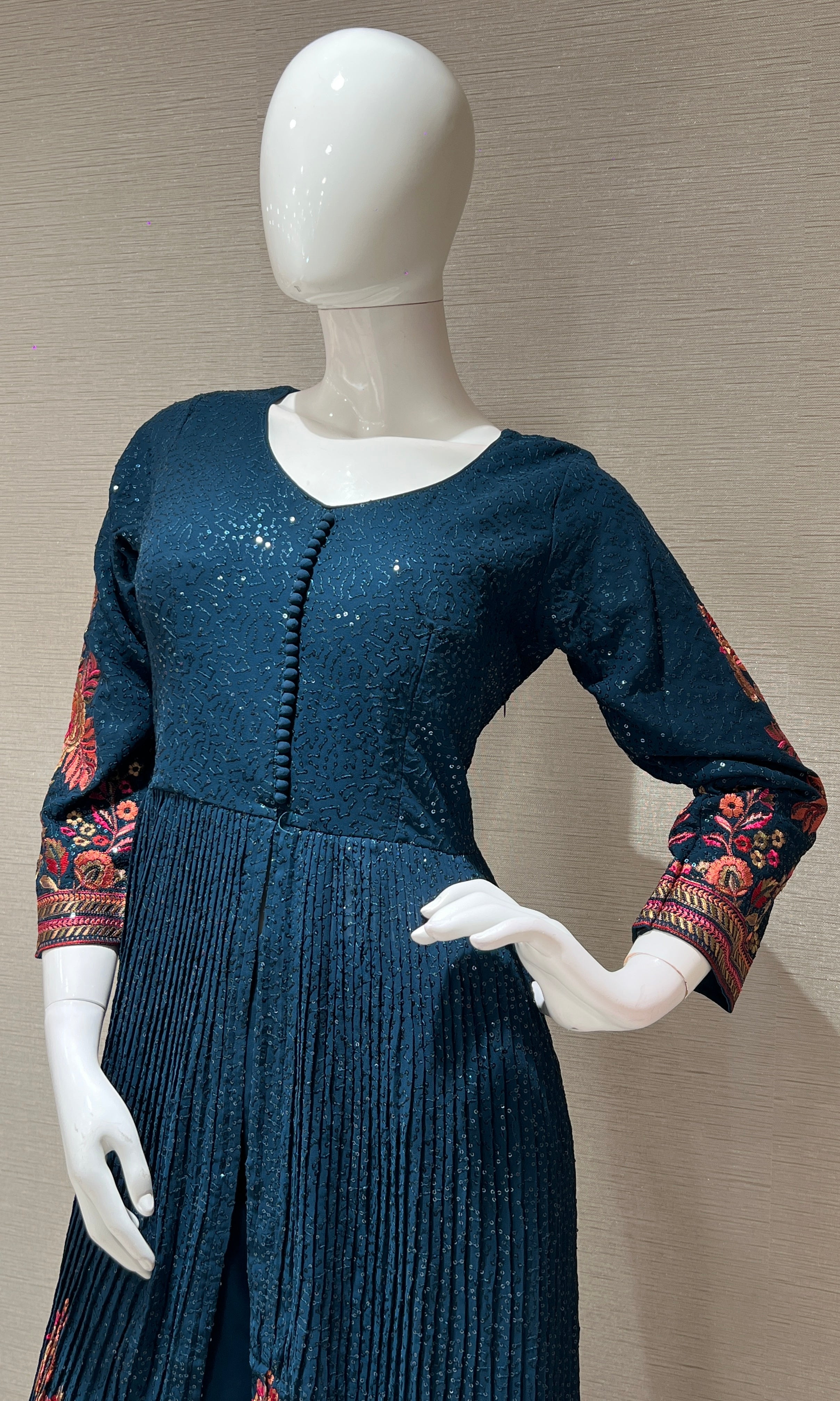 Blue Floral Anarkali With Palazoo Pants