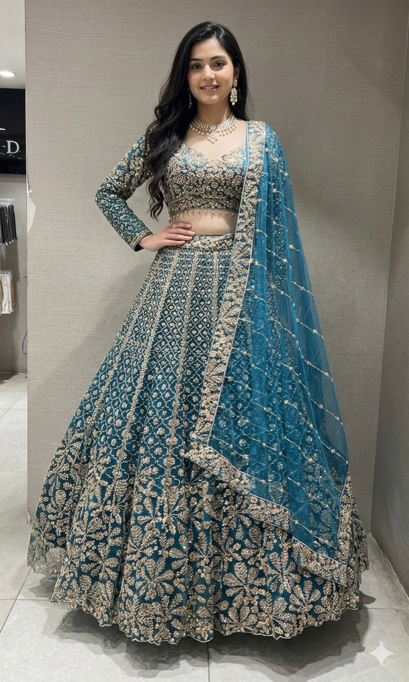 Blue GOLDEN INTRICATE EMBROIDERED LEHENGA