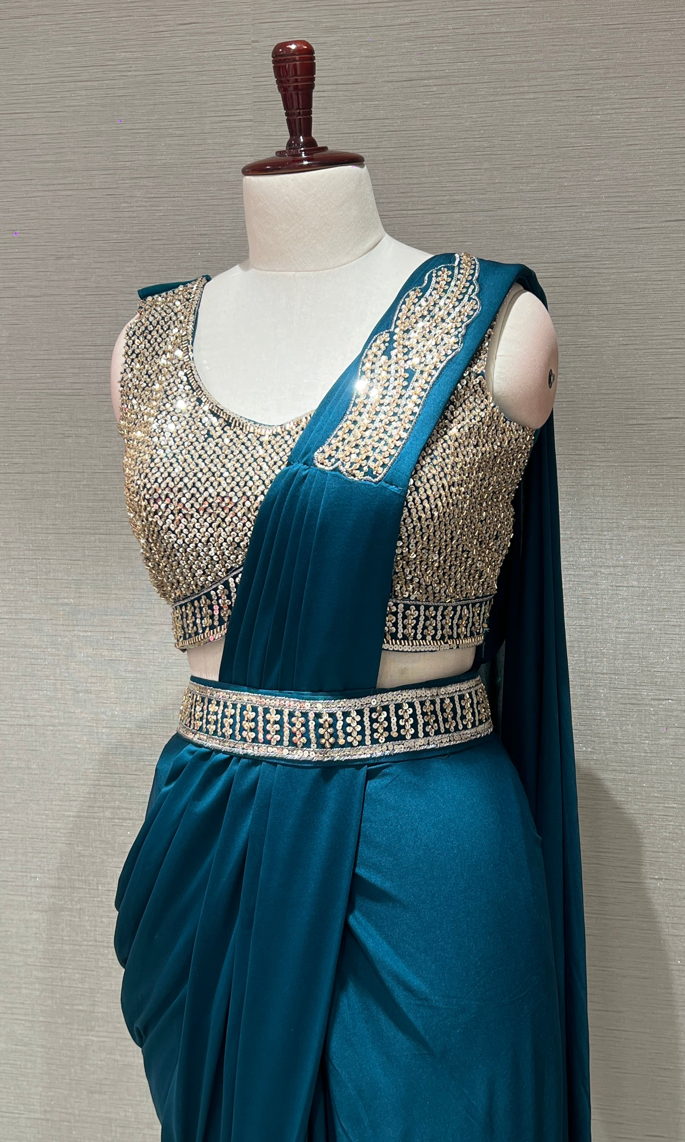 SEA GREEN DRAPE SAREE WITH FLORAL BLOUSE