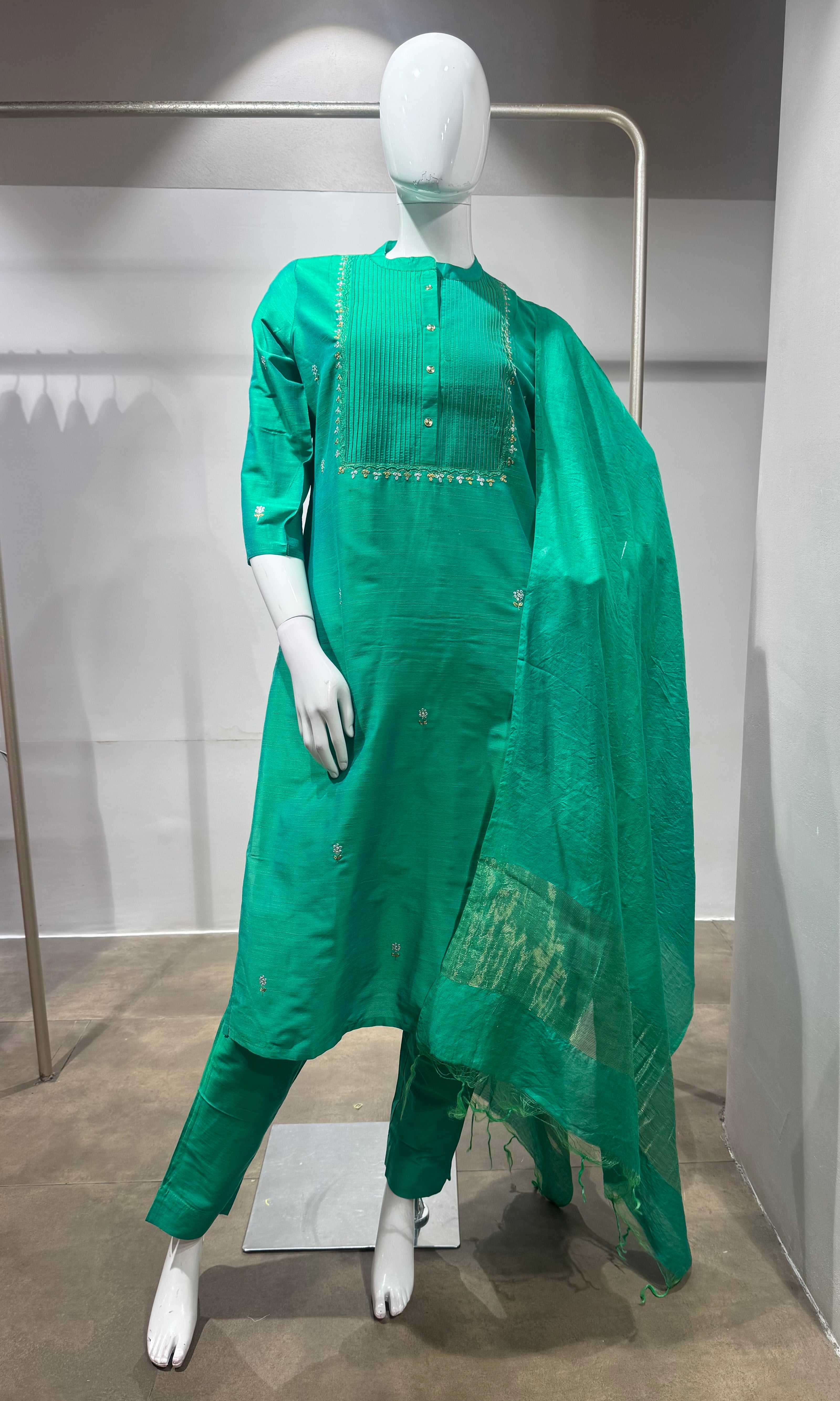 Green Chanderi Silk Kurta Set with Dupatta