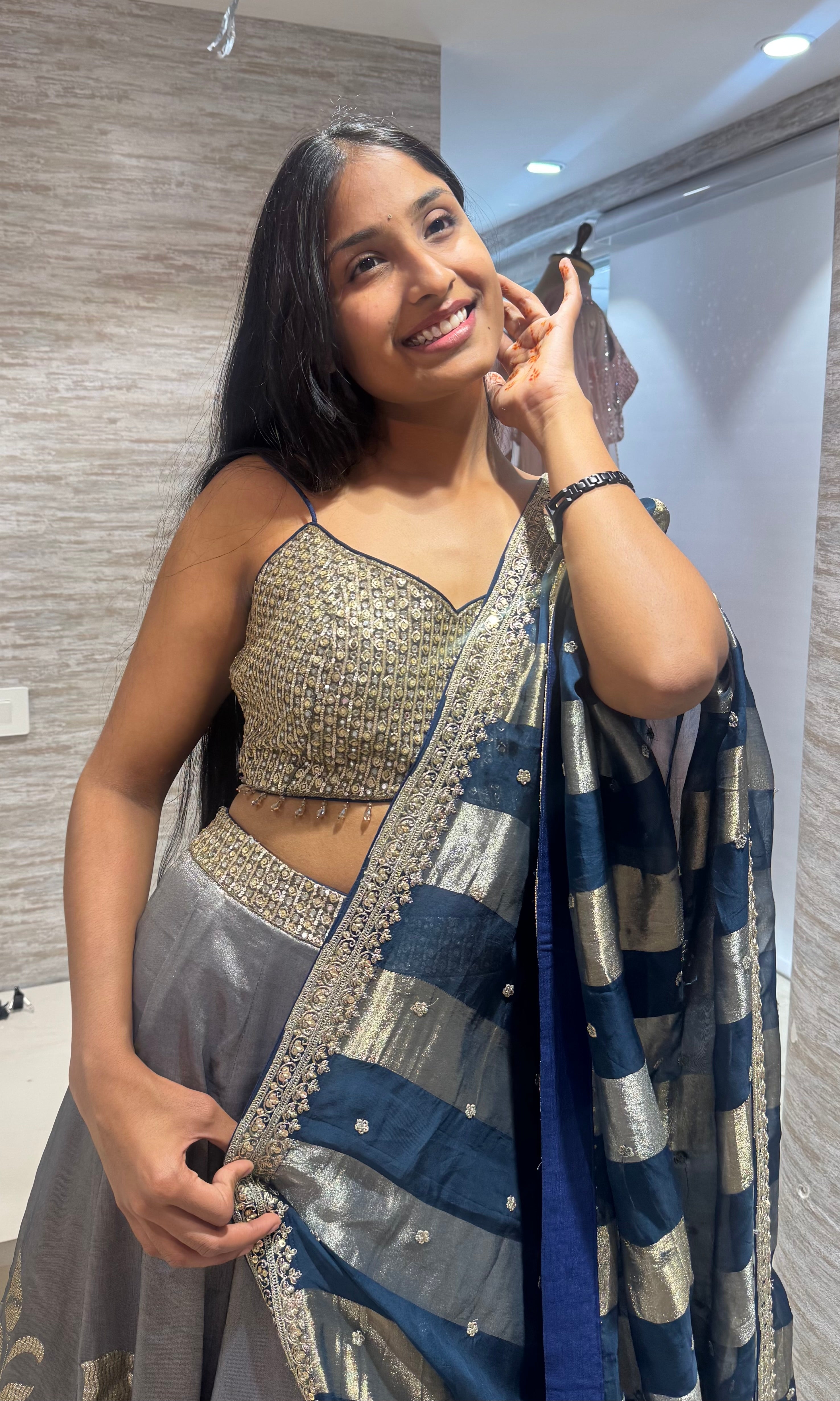 blue Gold floral Zari Lehenga set