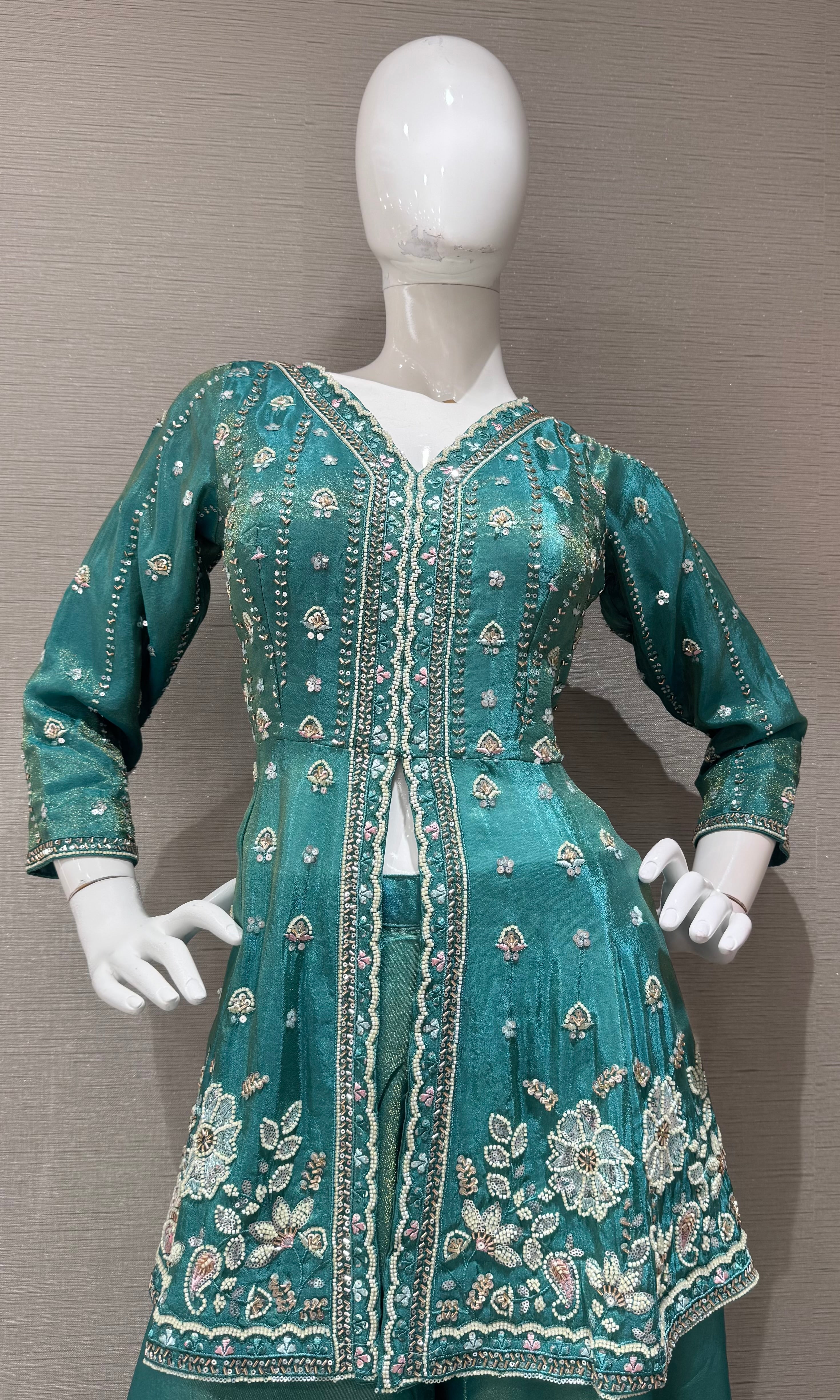 Sea green front slit embroidered peplum palazzo set