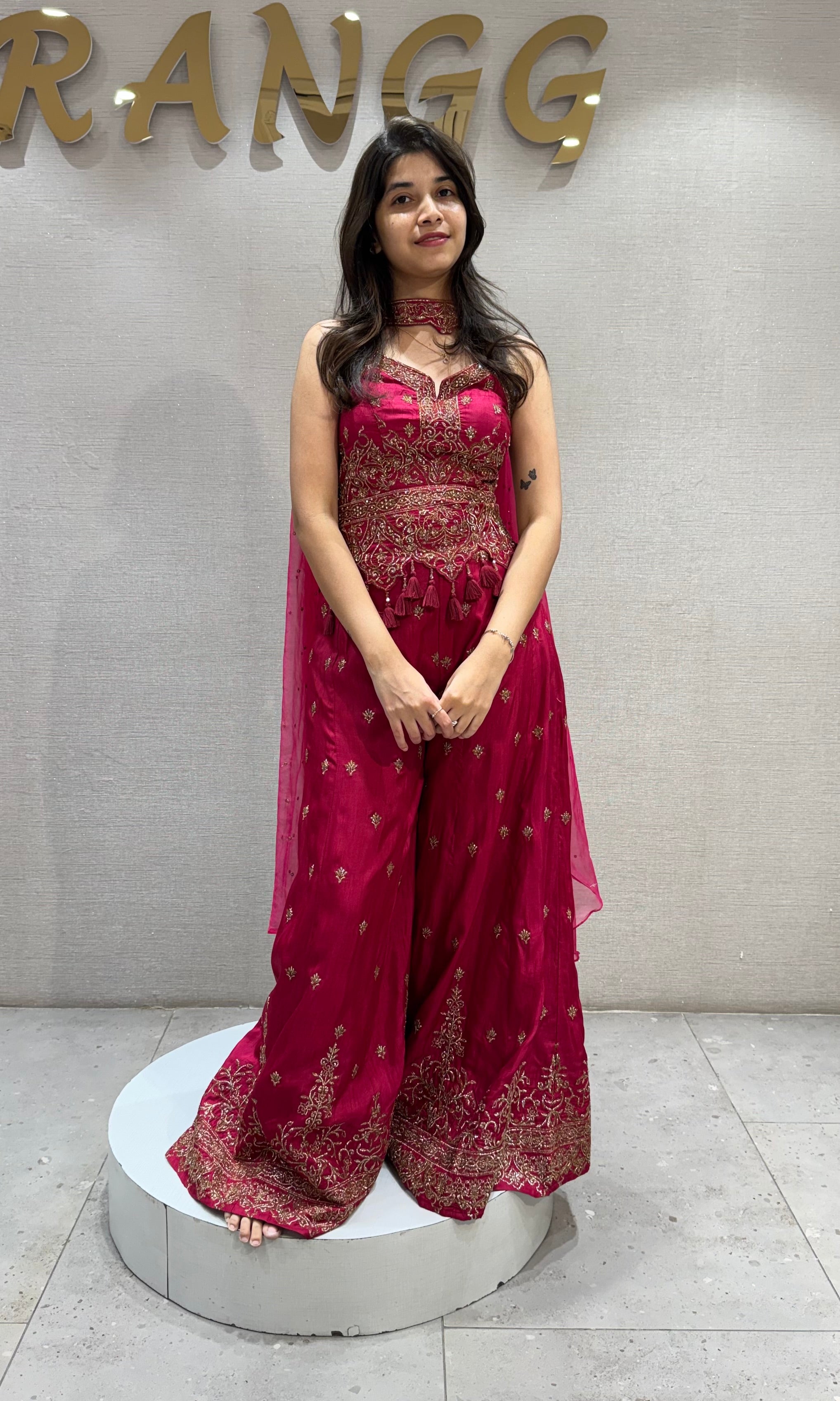 Fuchsia Pink Embroidered Peplum and Palazzo set