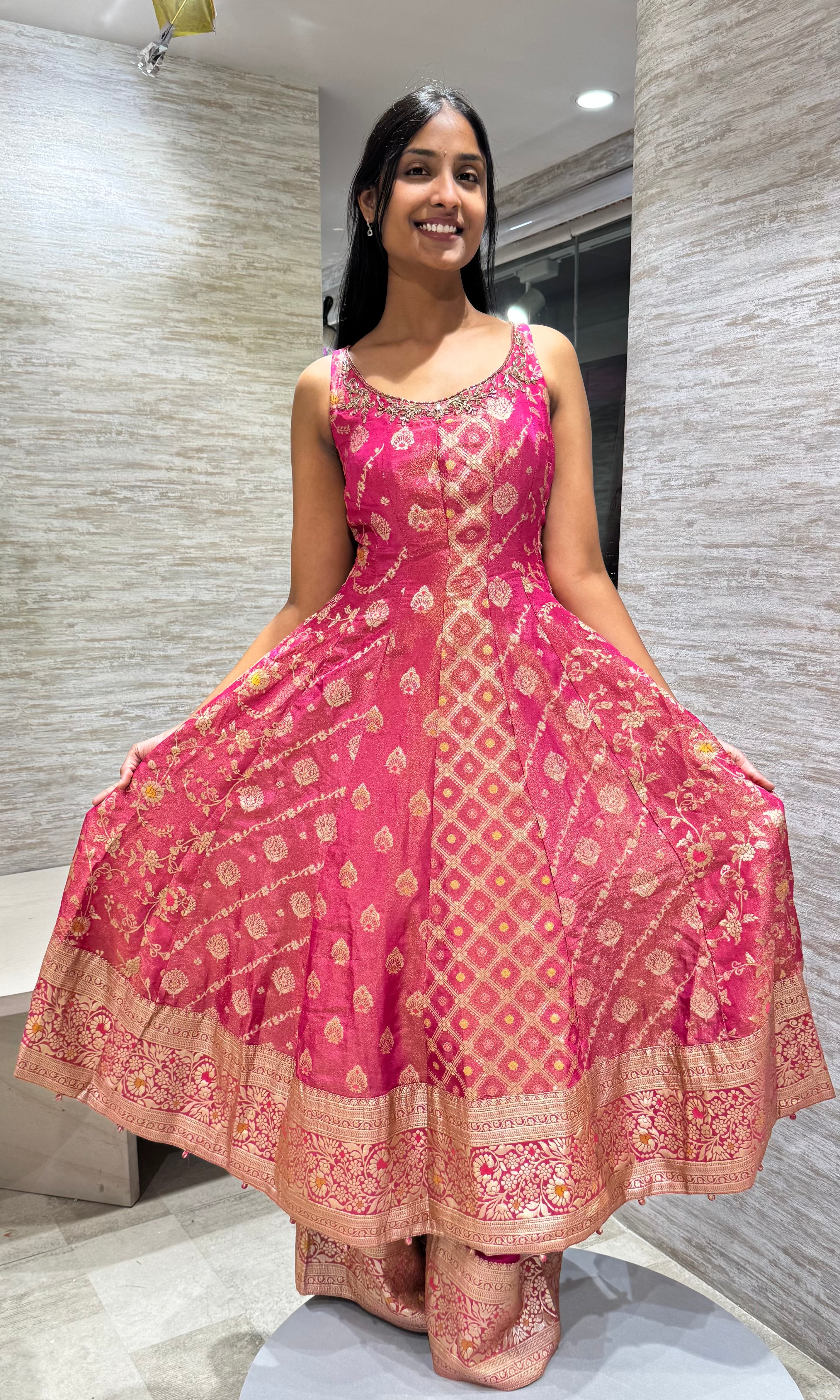 pink banarasi anarkali sharara set