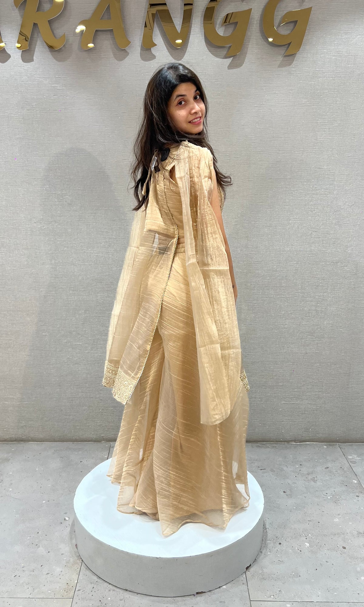 Beige tissue Embroidered Palazzo Set with Net Dupatta