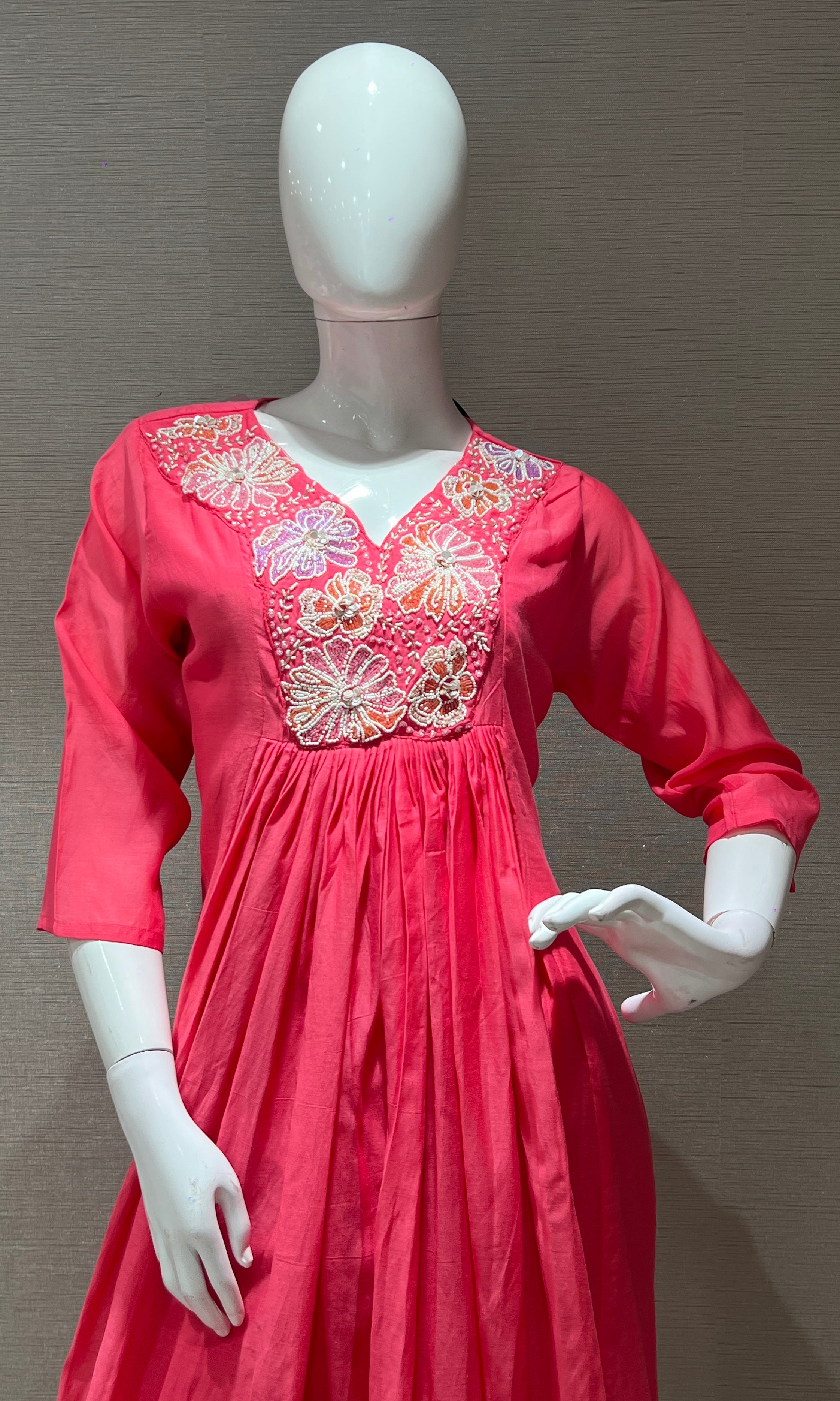 Pink Floral Neckline Kurta Set