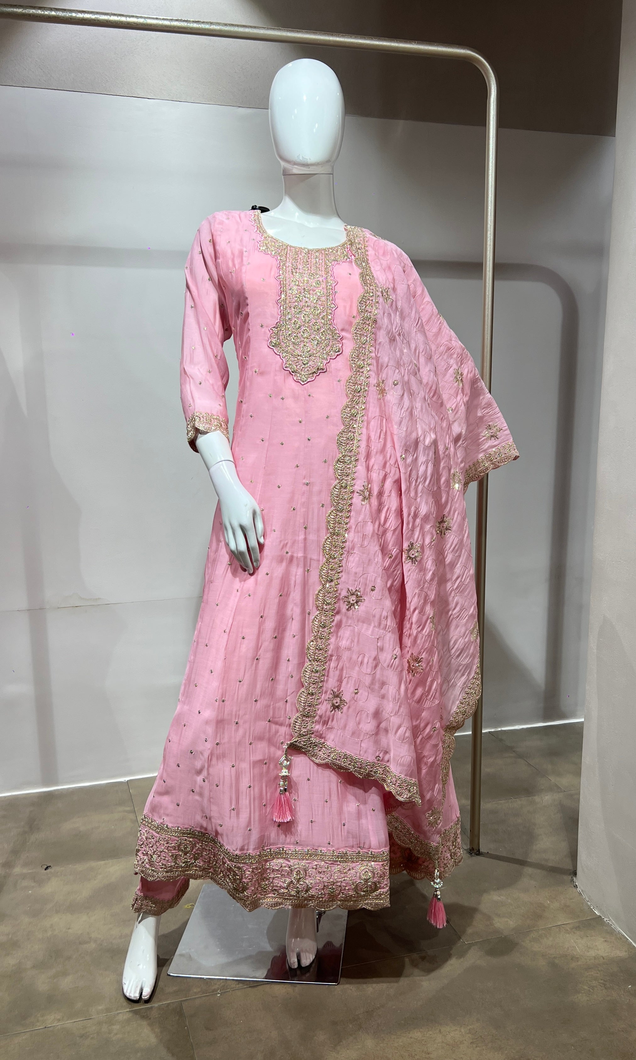 Baby Pink Embroidered Anarkali Suit Set