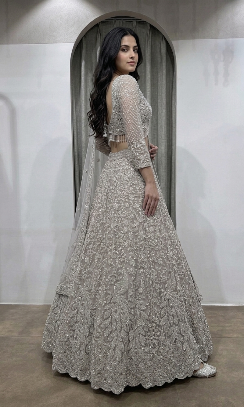 Grey Silver Net Heavy Embroidered Bridal Lehenga Set