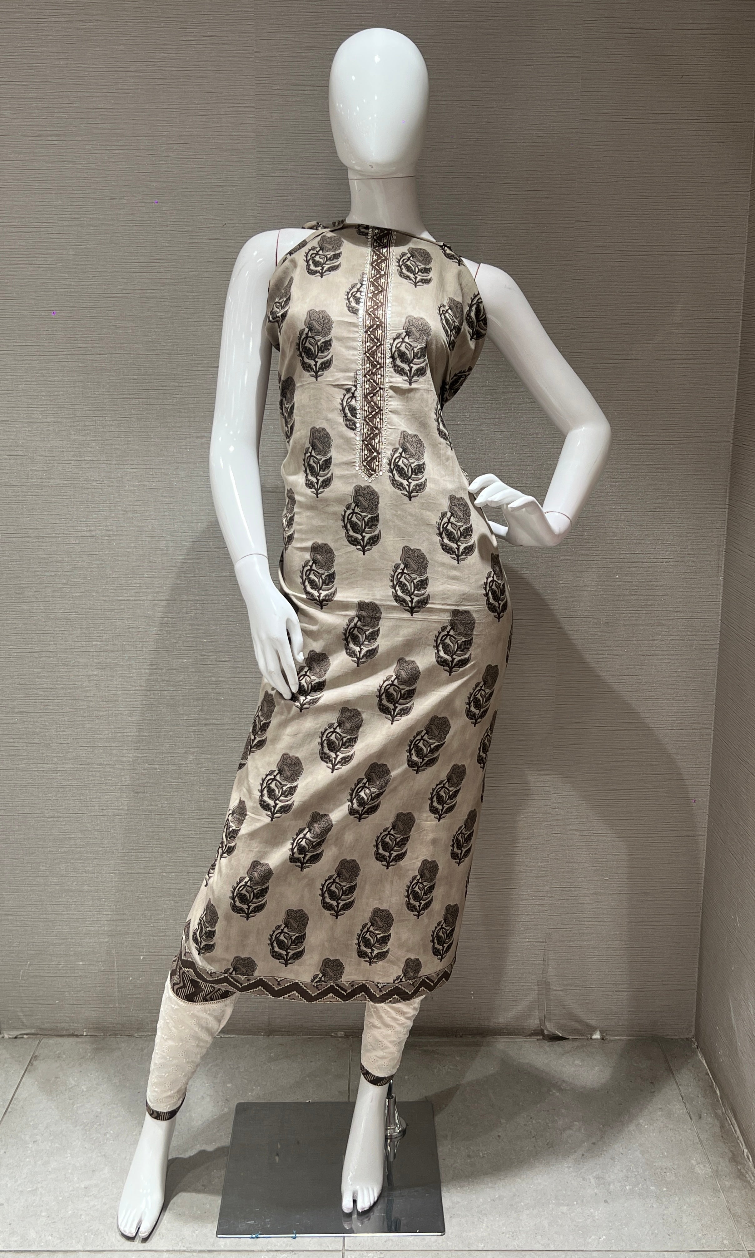 Grey Floral Print dress material