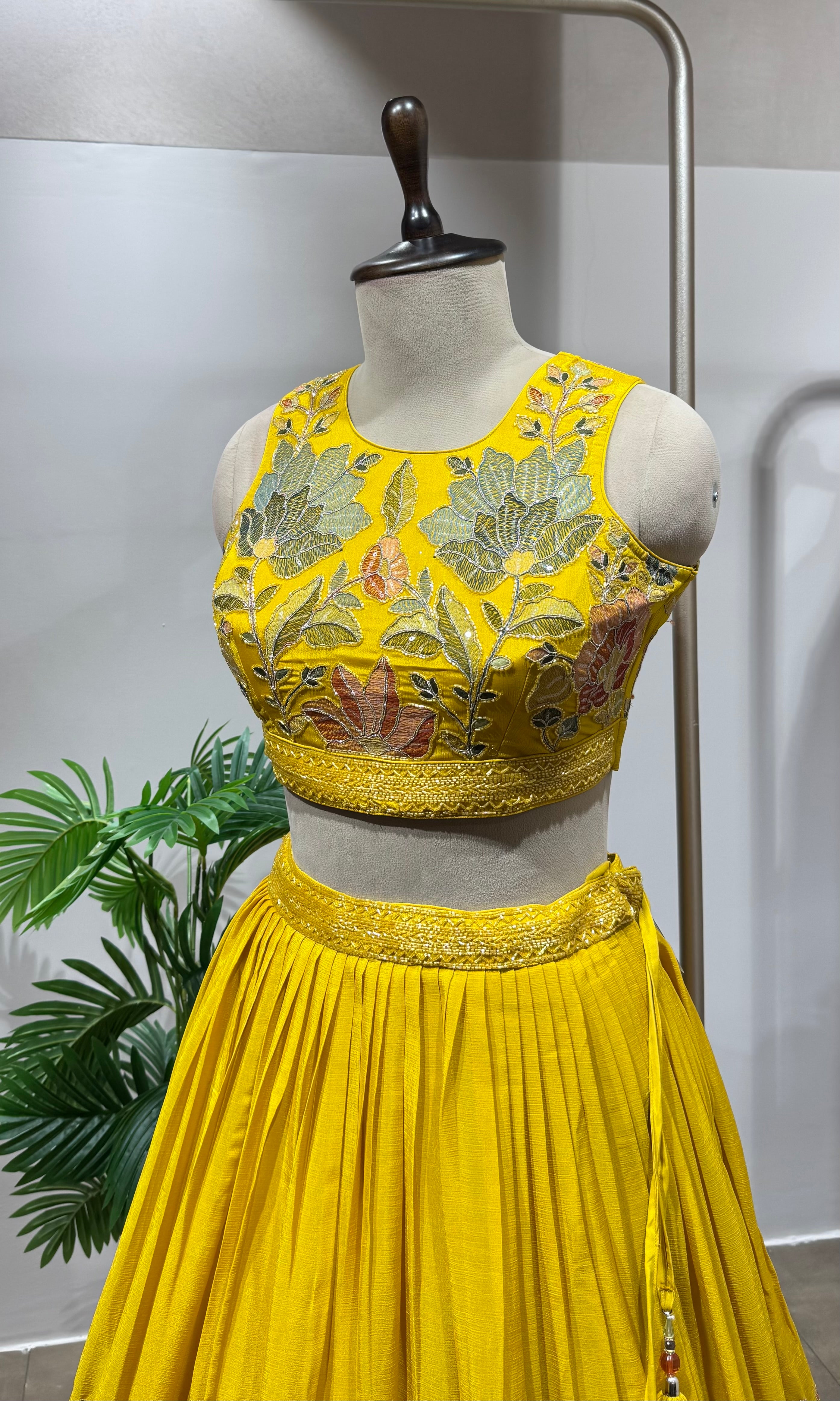 yellow floral printed embroidered lehenga