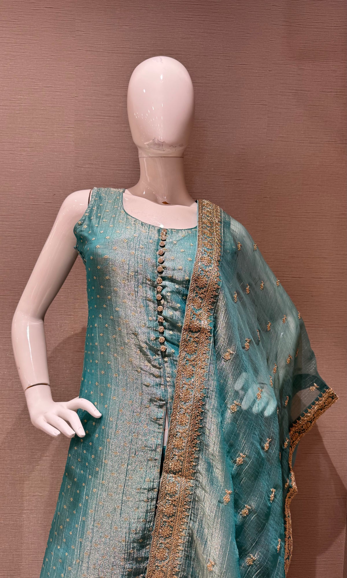 Blue Shimmer Anarkali Set with Sheer Dupatta