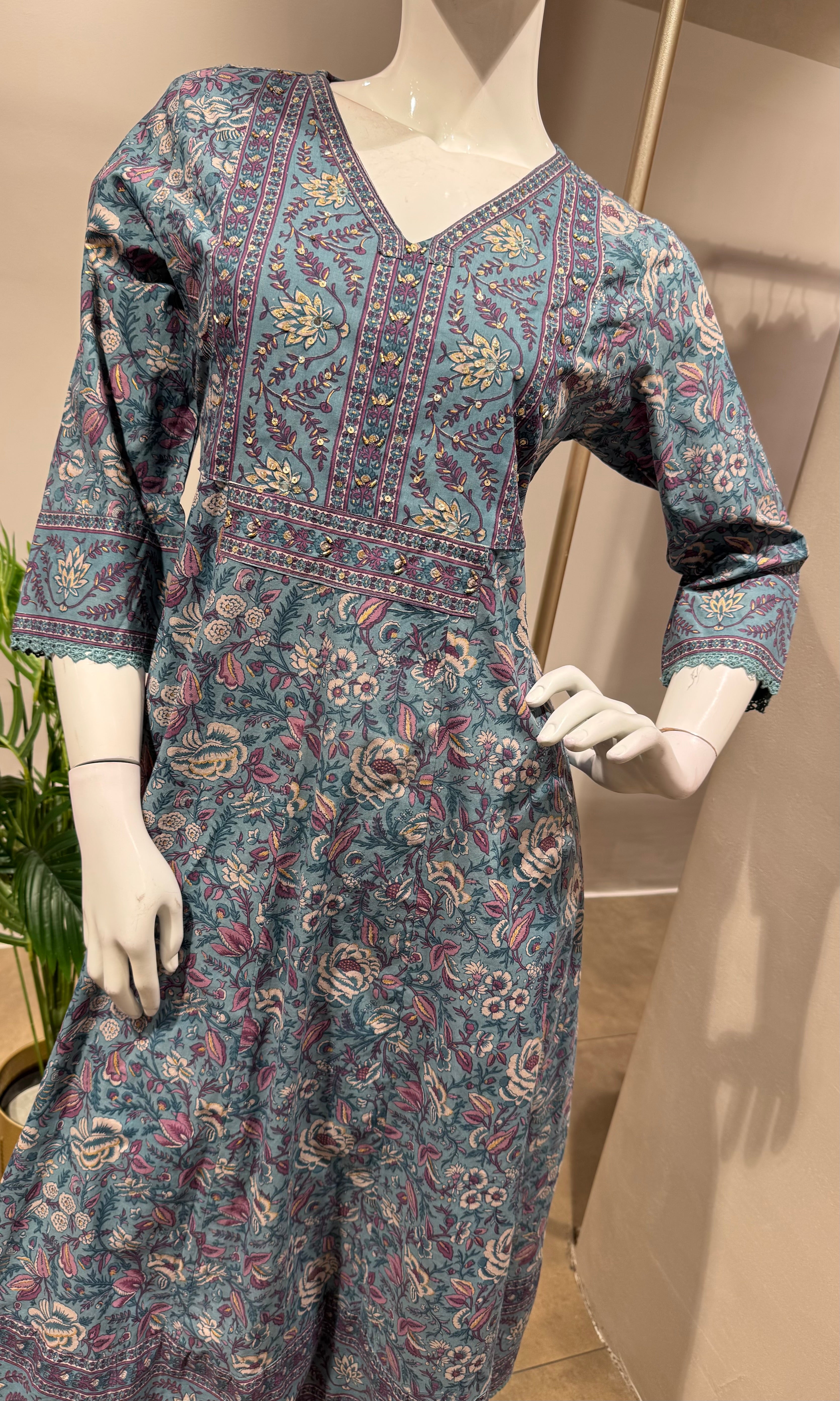 Blue Printed Pure Cotton Anarkali Kurta Set