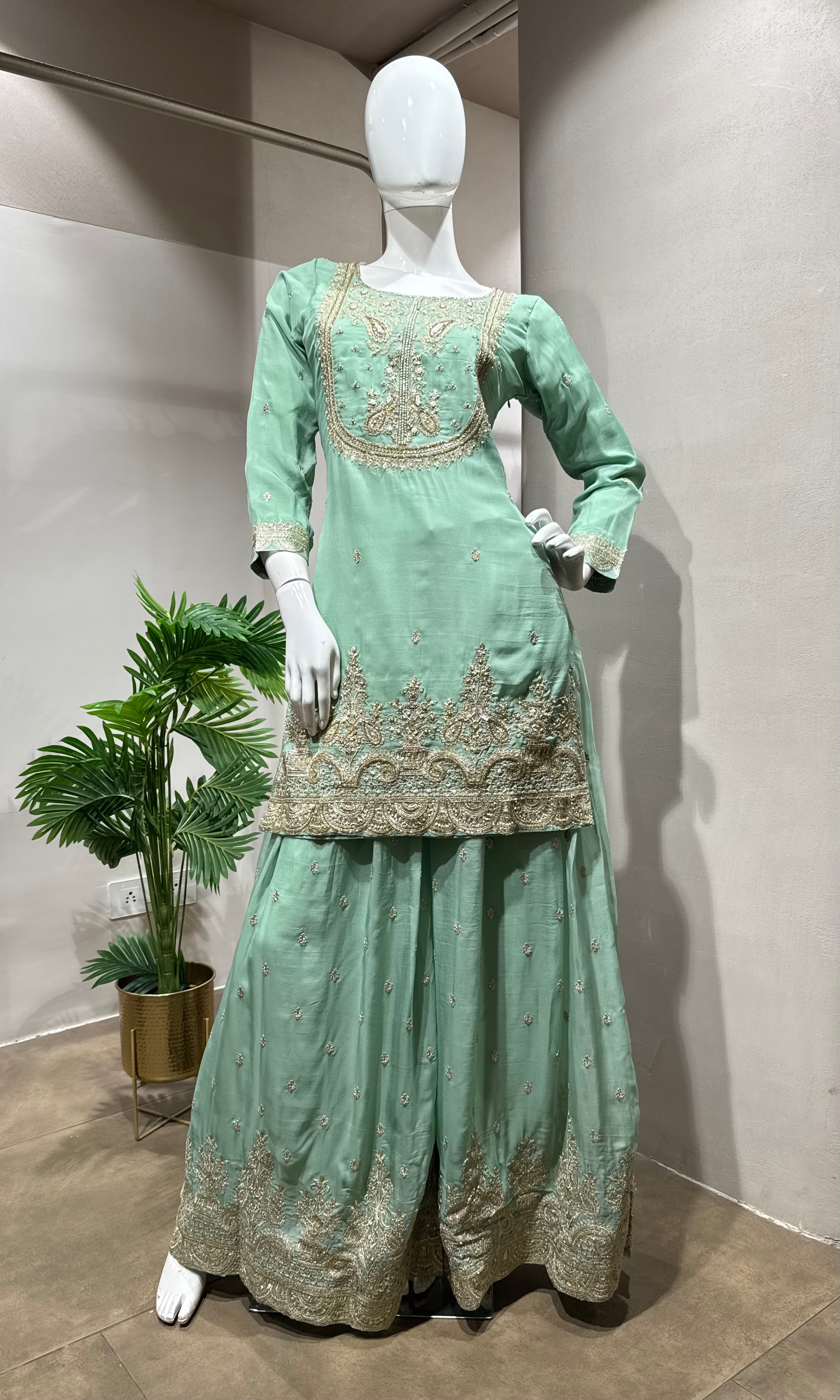 green silk embroidered sharara set