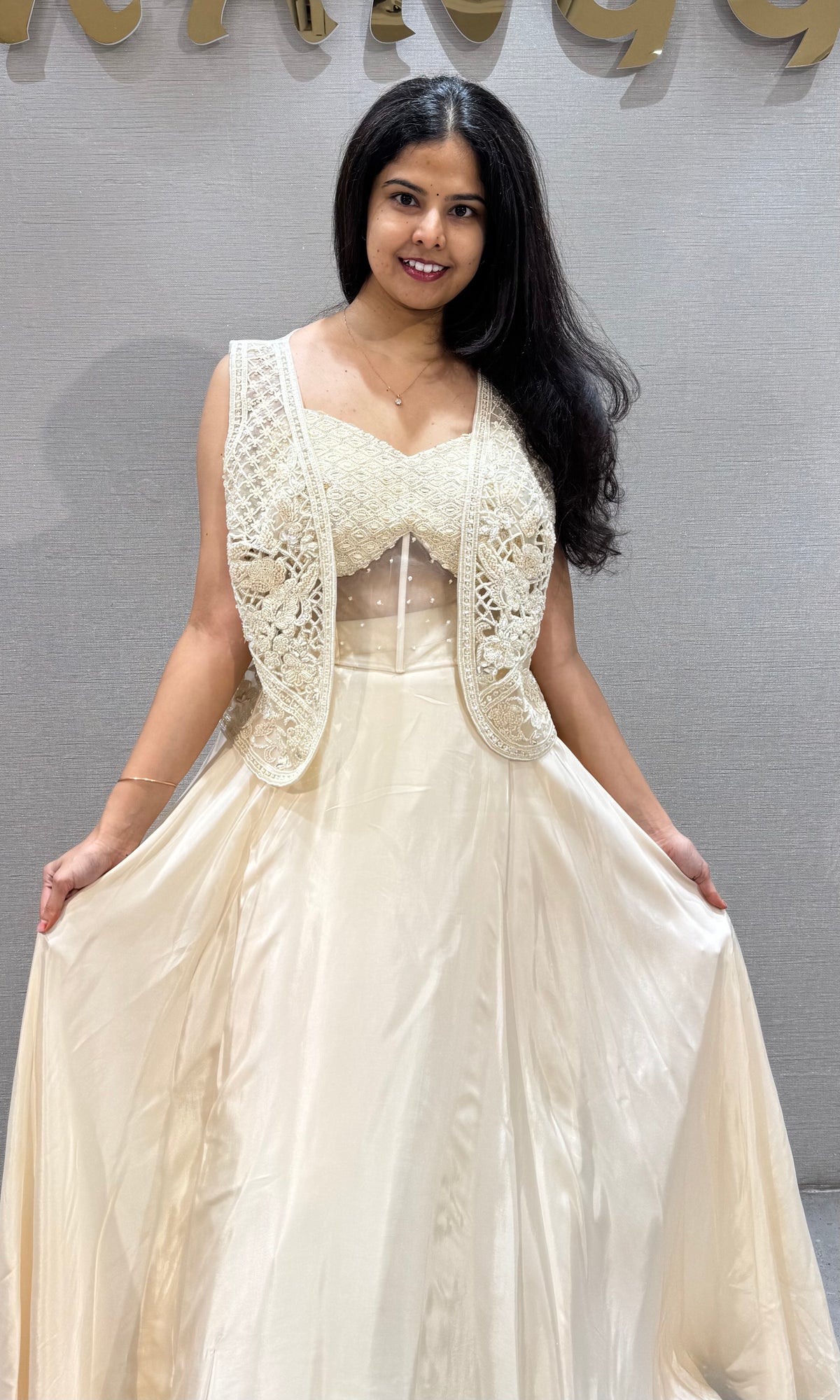 Cream Lehenga with Lace Top and Satin Skirt