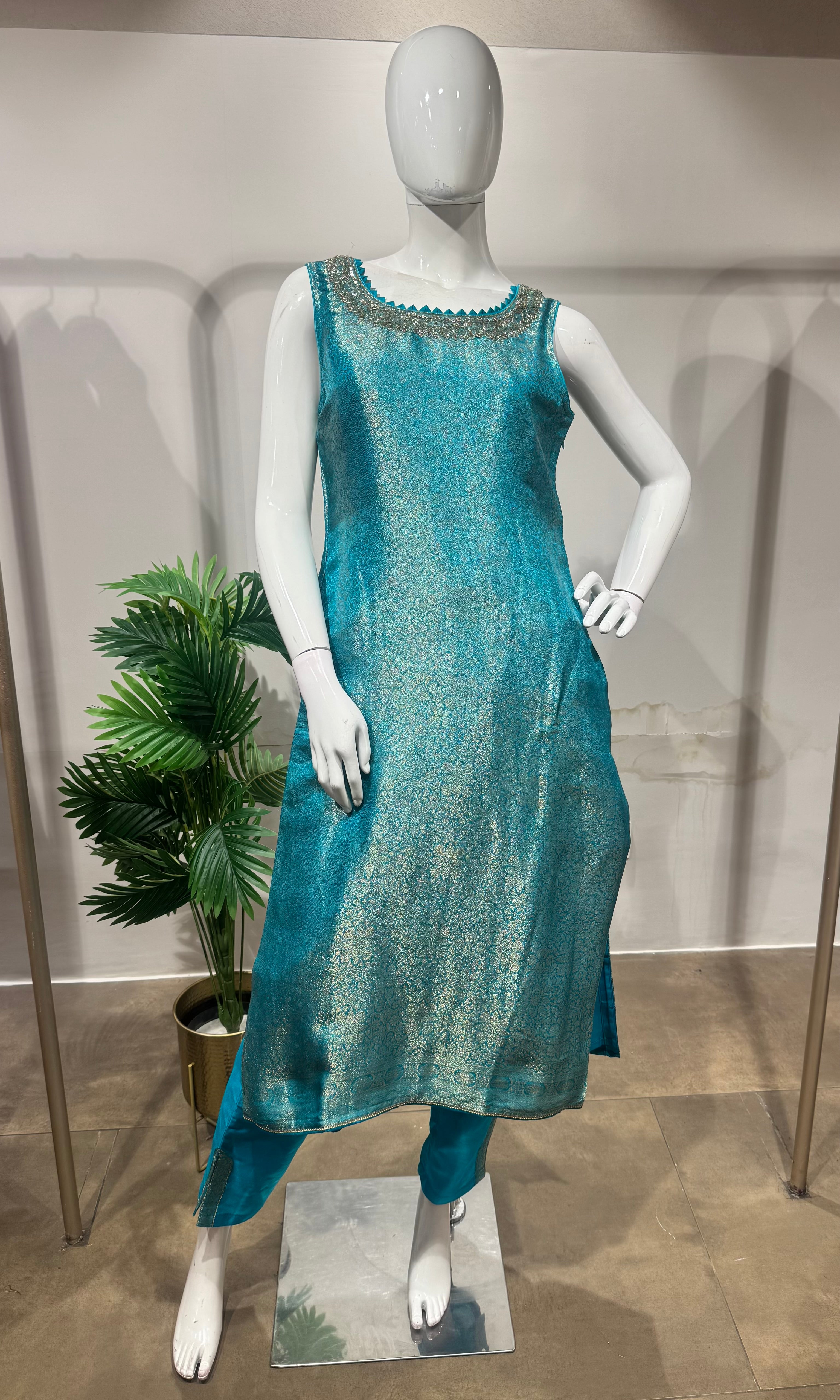RAMA BLUE GOLDEN BANARASI KURTA SET