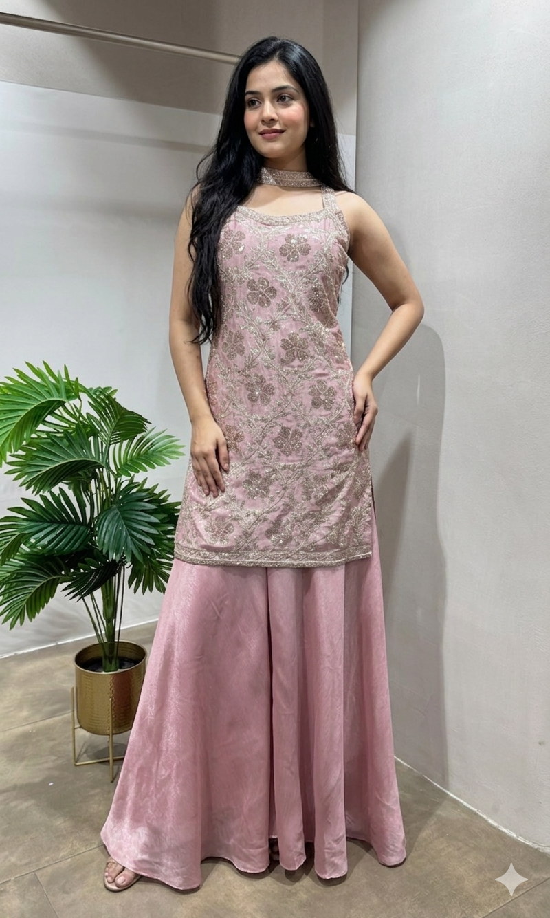 Blush Pink FLORAL Embroidered Sharara Set
