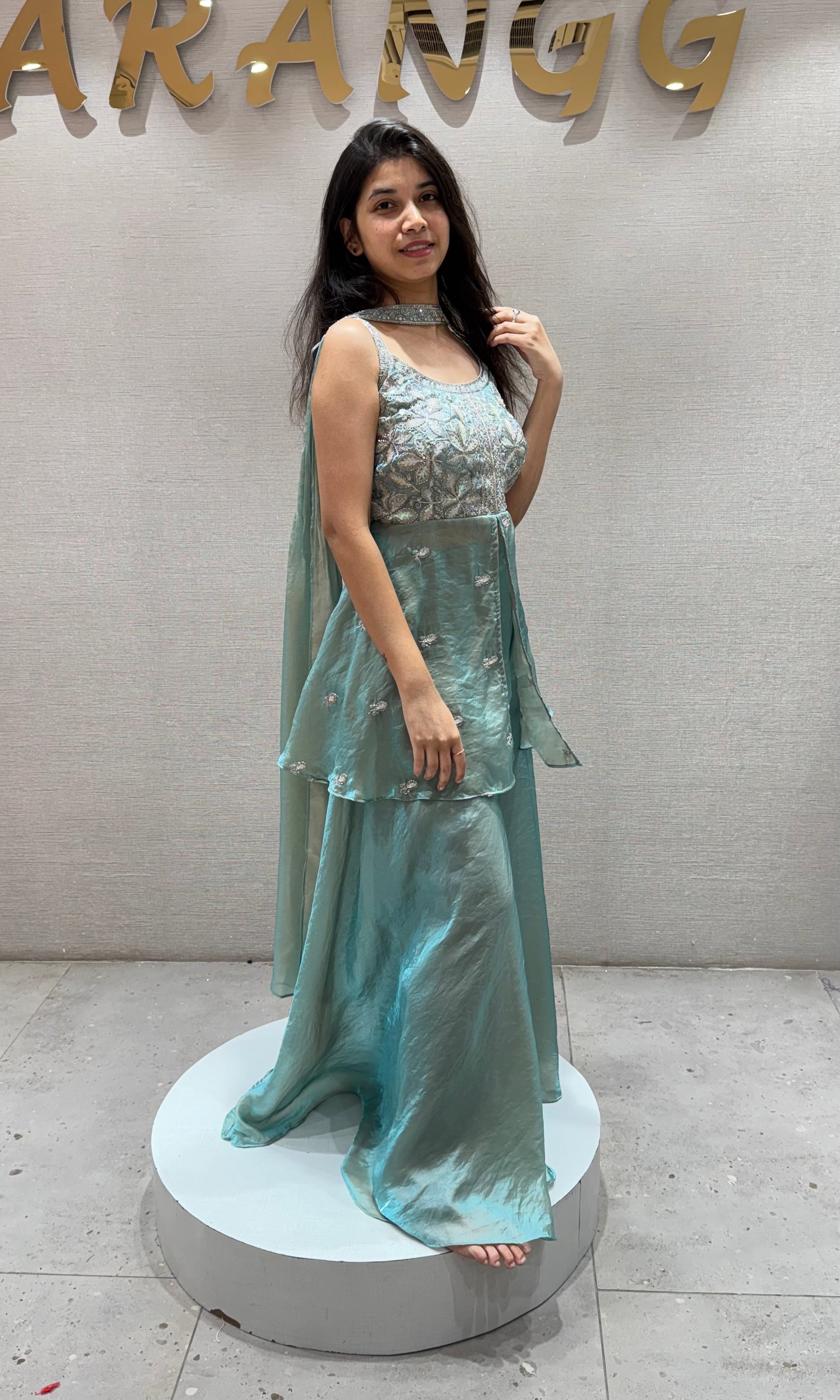 Sea blue embroidered peplum palazzo set