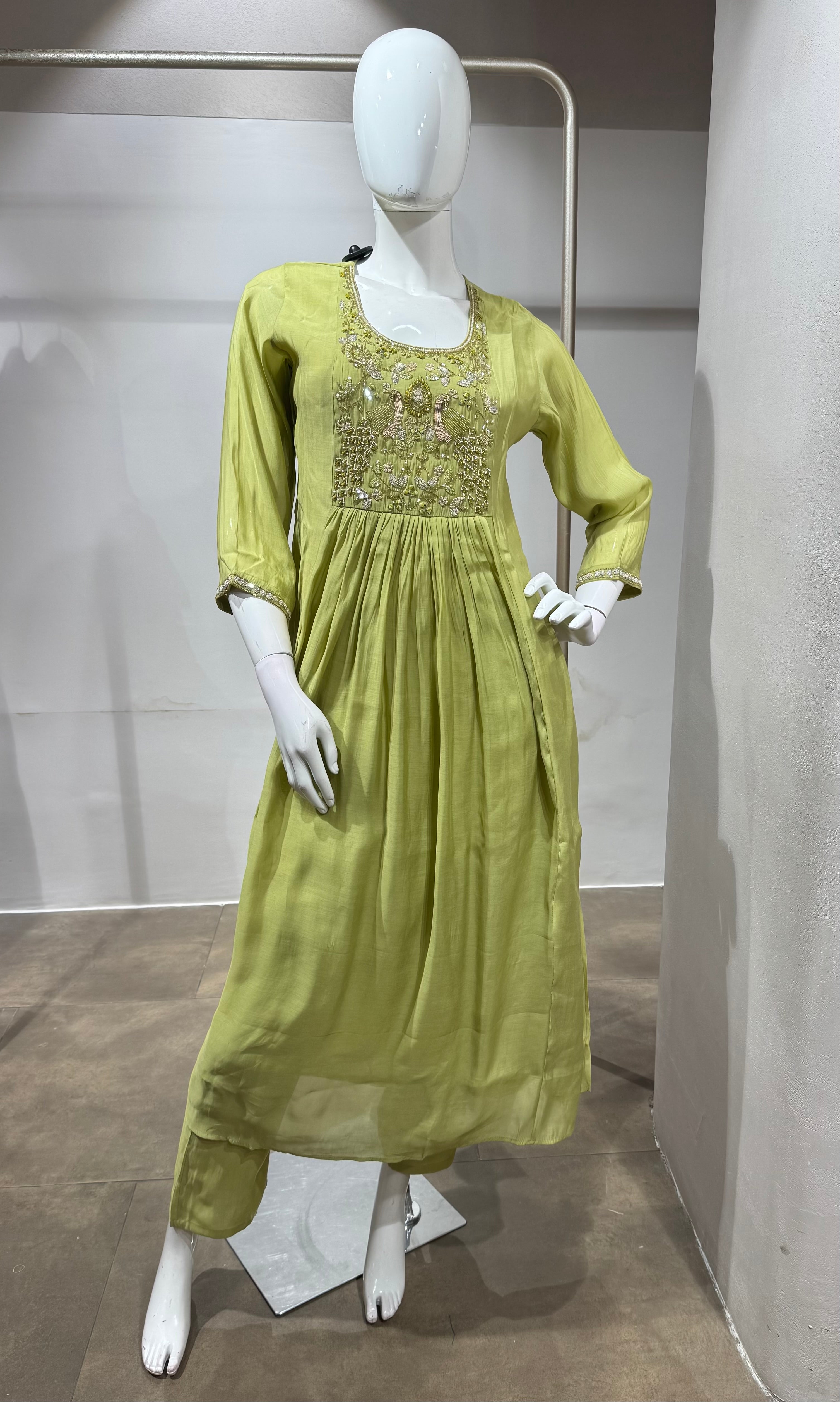 Green Embroidered Silk Blend Kurta Pant Set