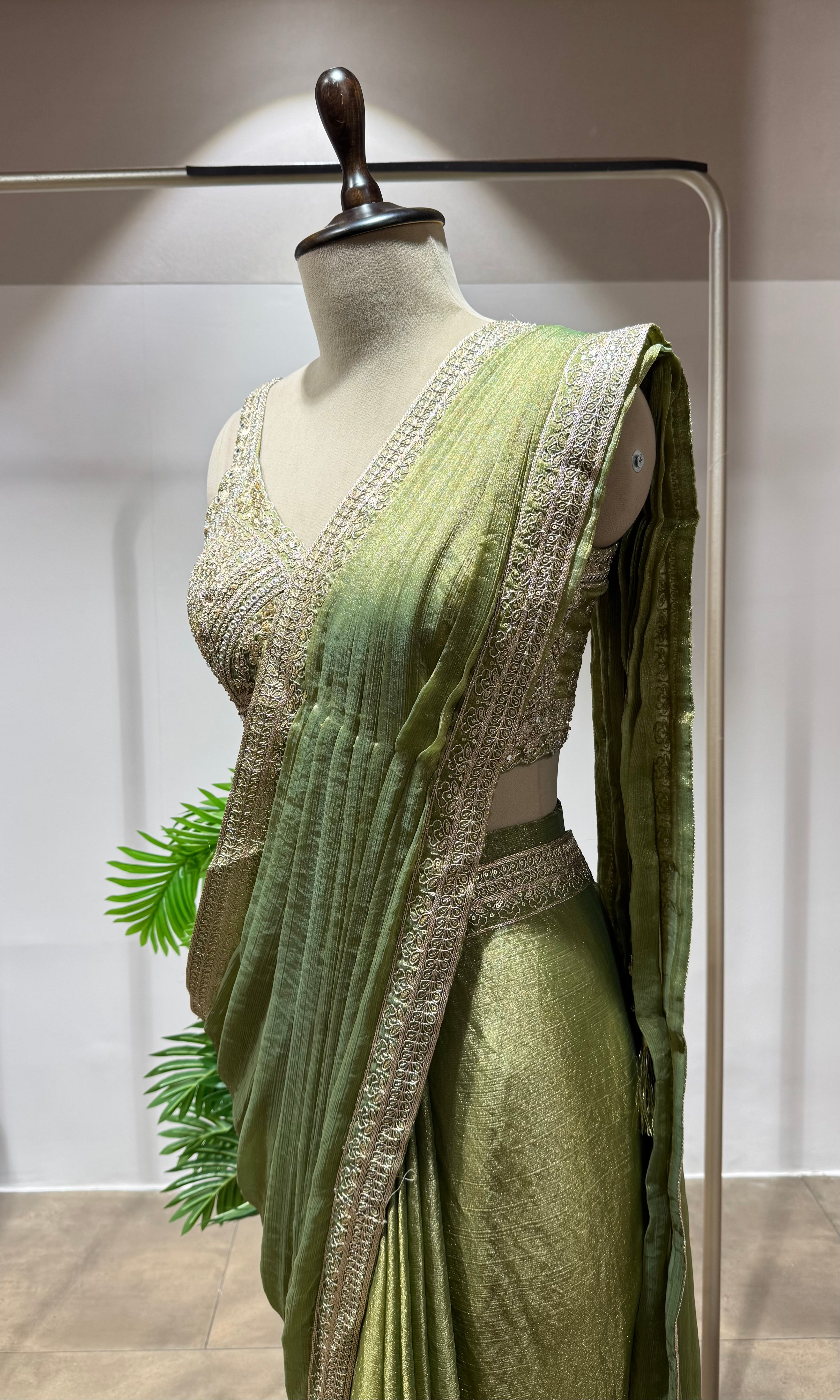 GREEN PLEATED DRAPE Saree with EMBELLISHED Blouse