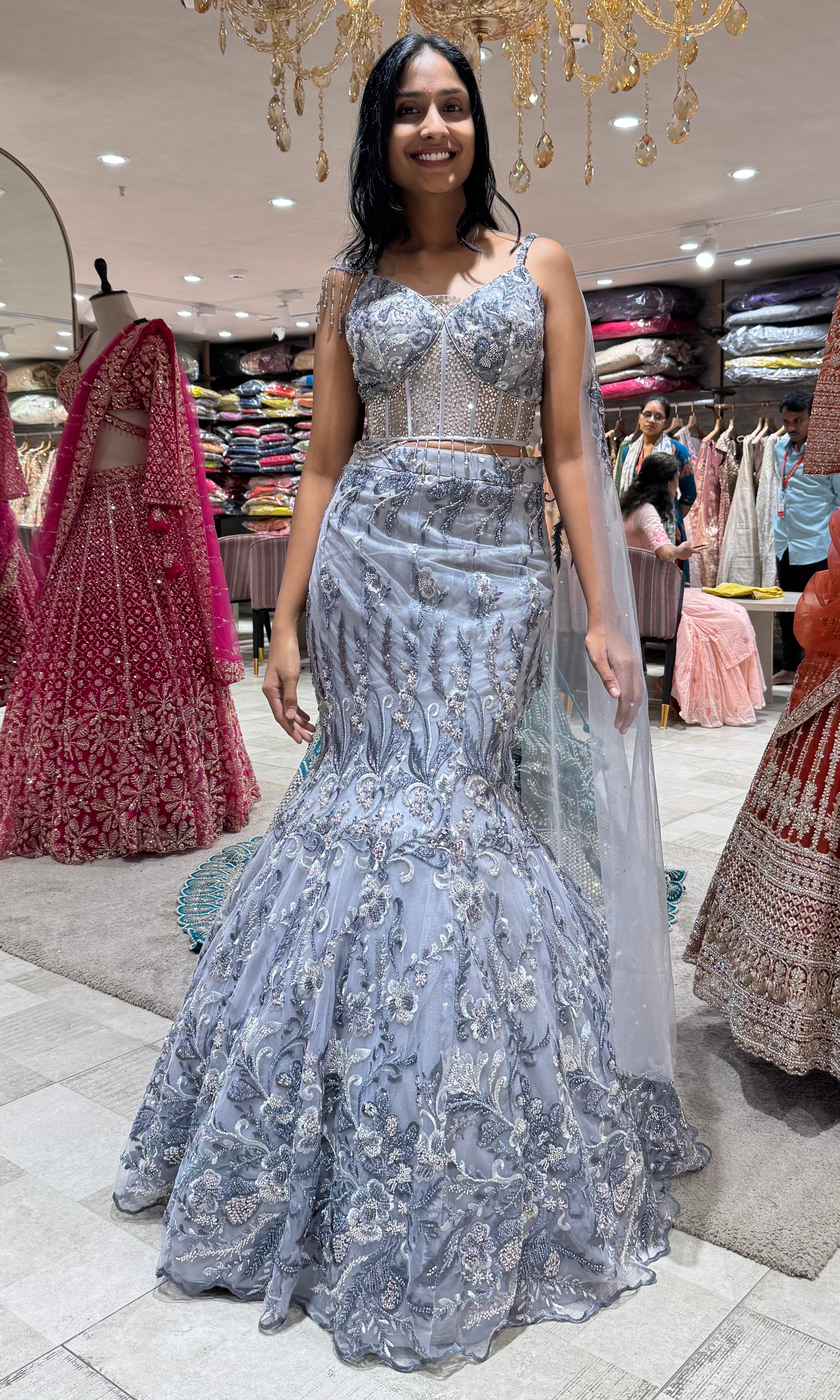 Grey Shimmer Sequins Embroidery Lehenga