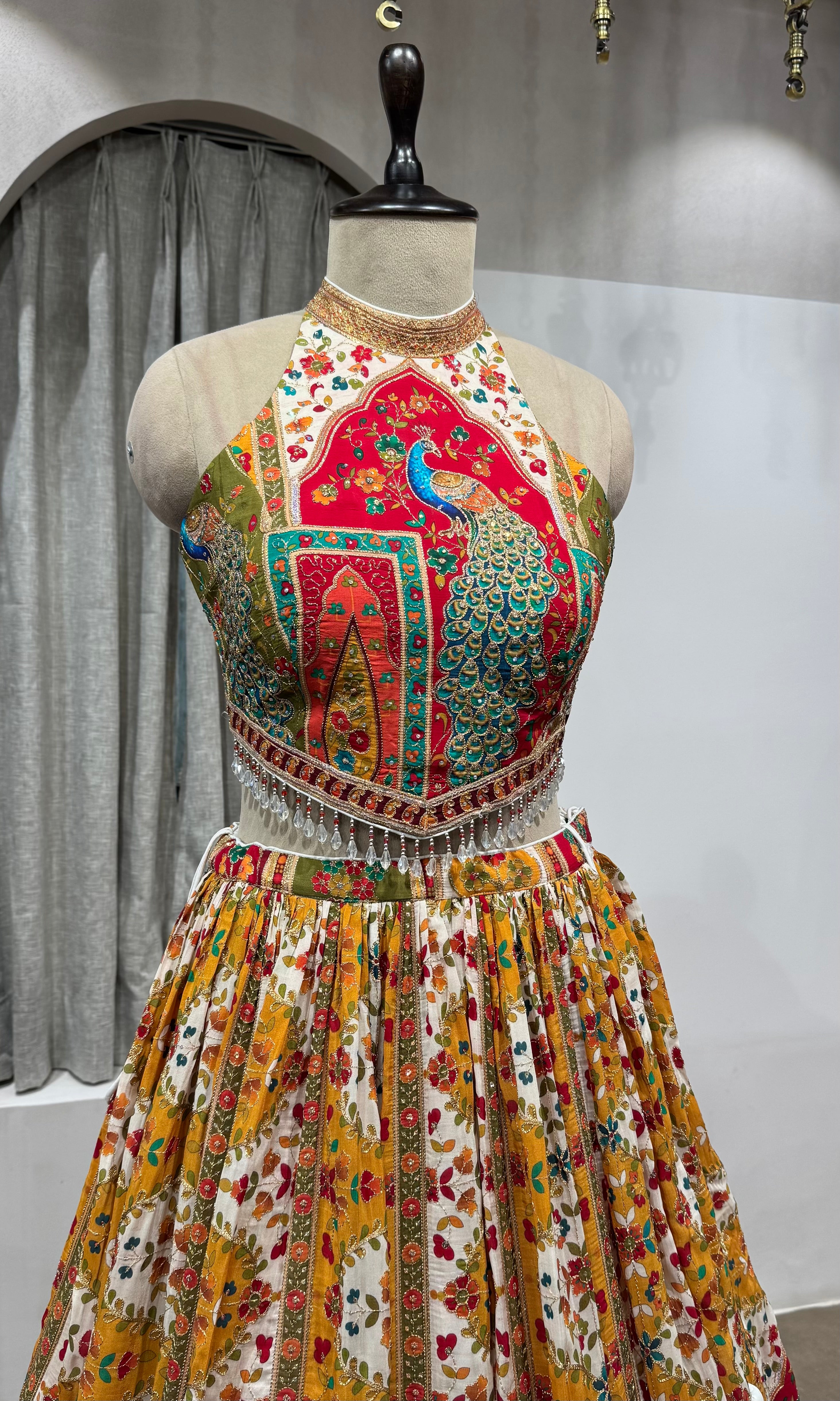 Multicolor Printed halter neck embroidered lehenga