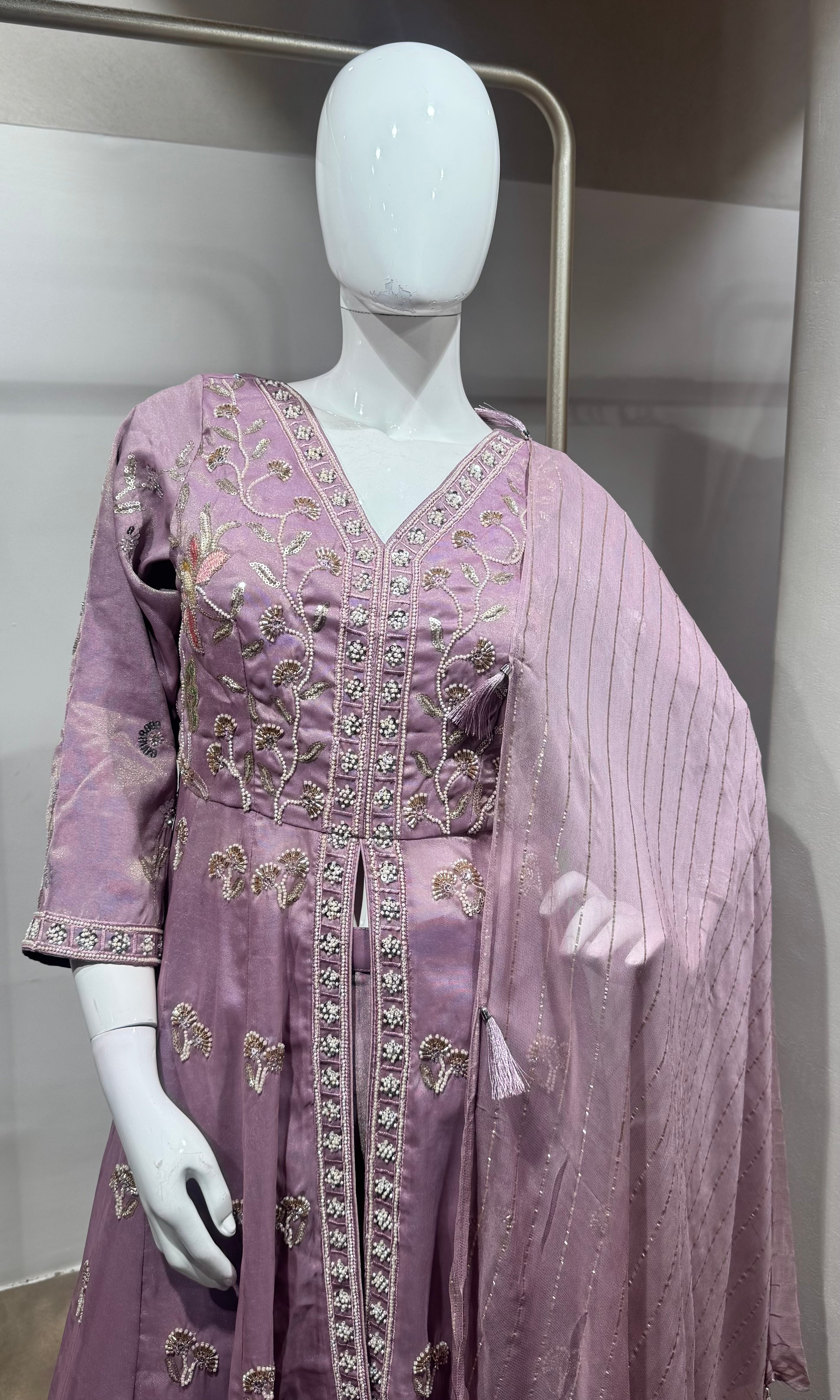 Lavender floral front slit Anarkali set