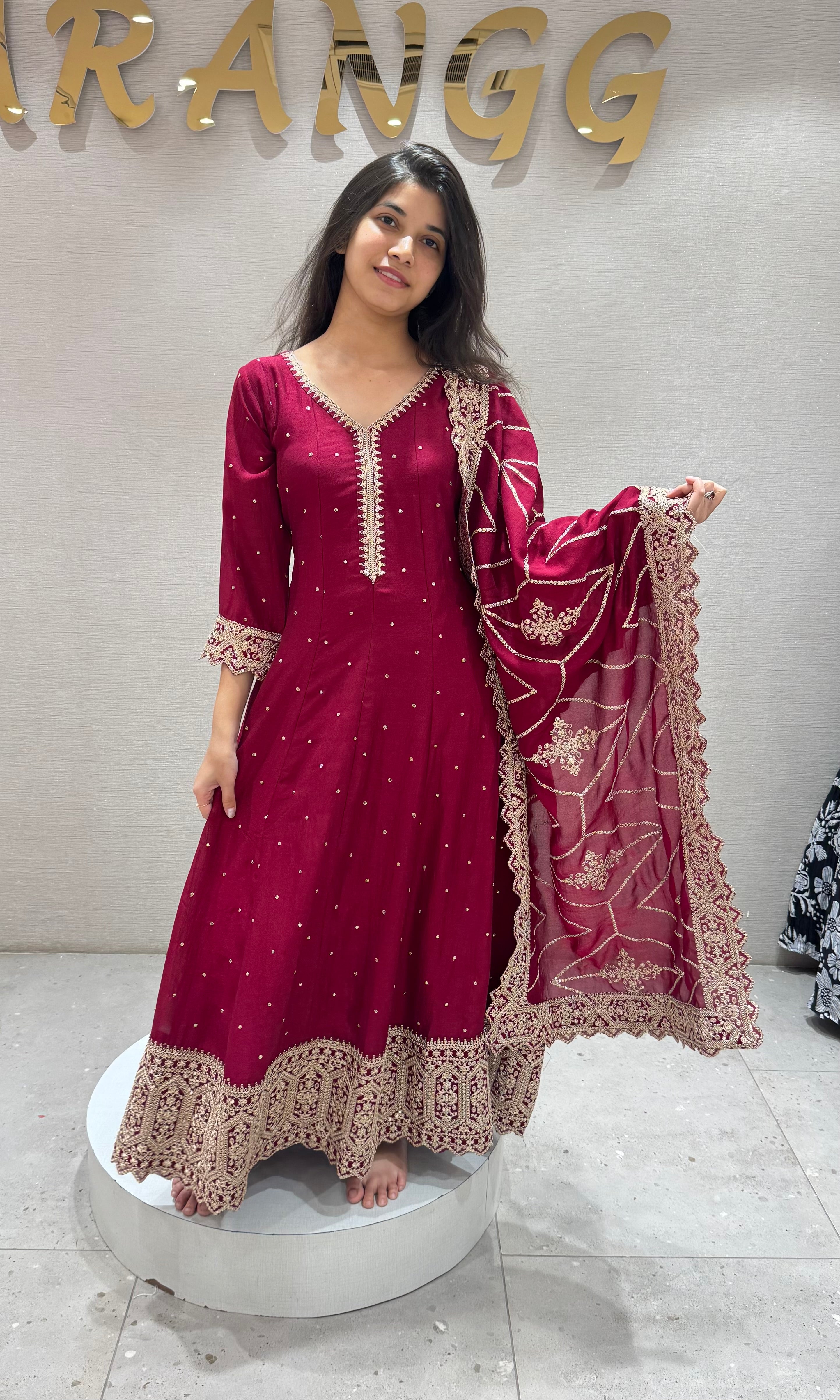 Maroon golden embroidered anarkali