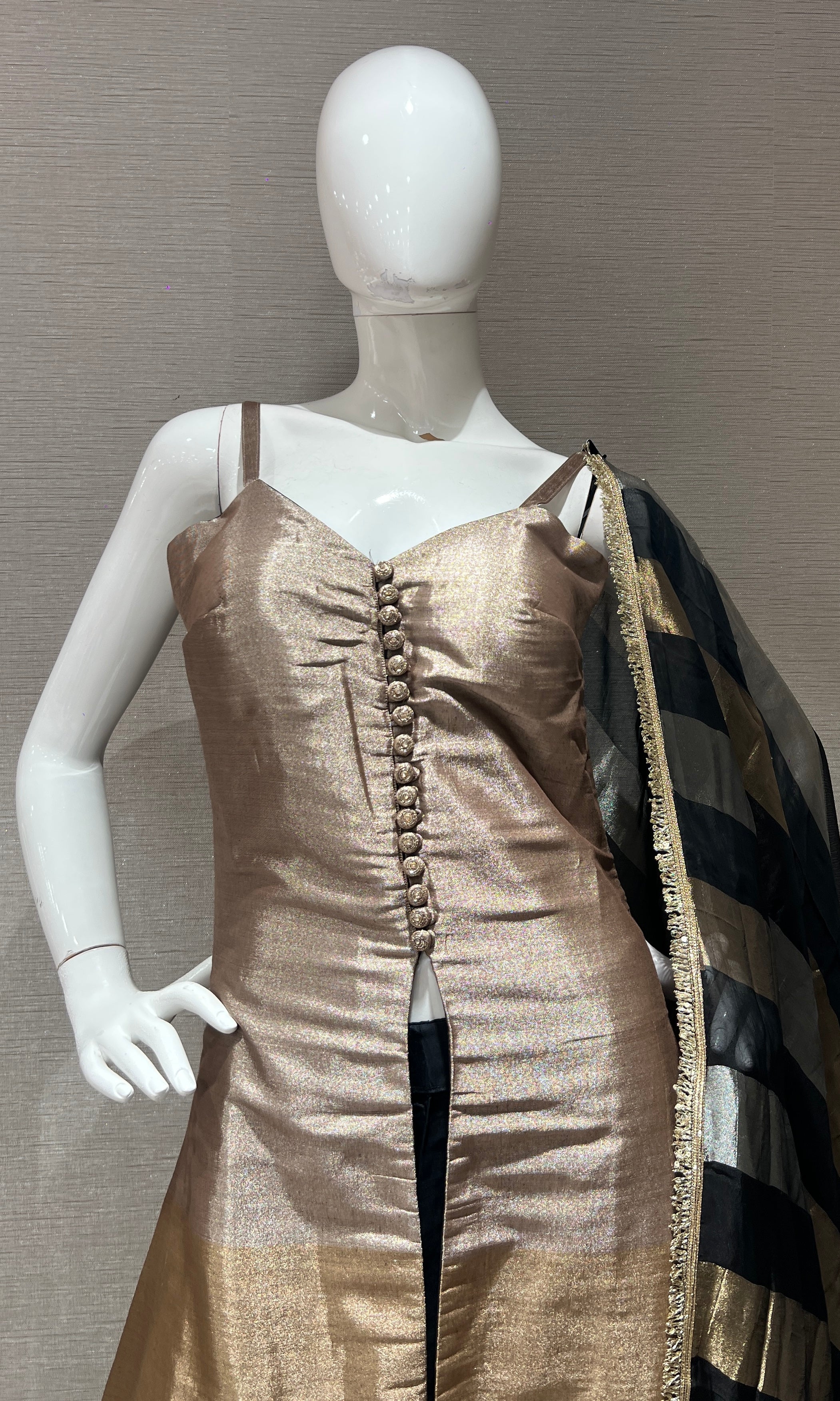 Brown Shimmer Anarkali Set with striped duppata
