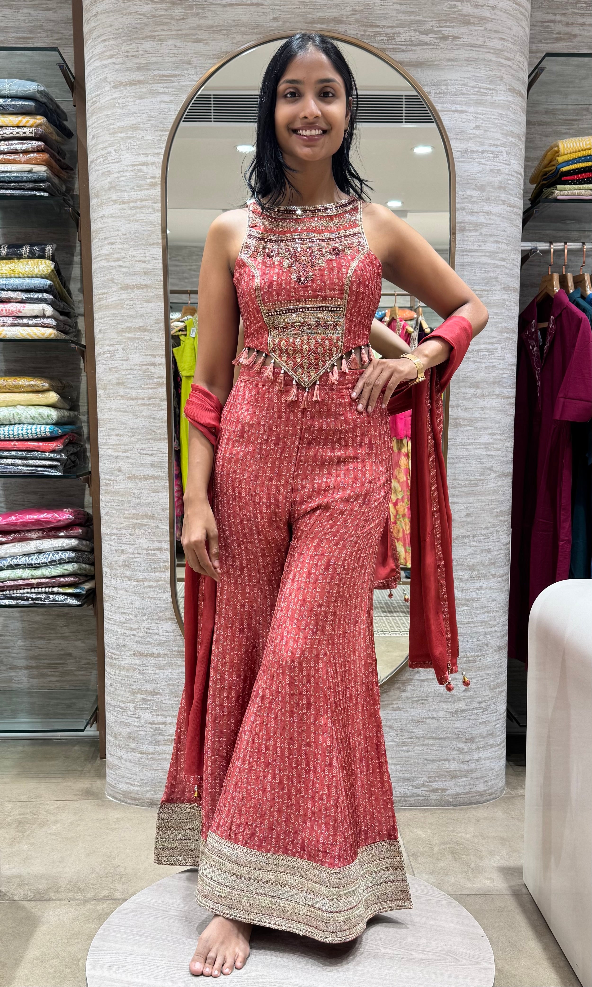 RUST EMBELLISHED BLOUSE WITH PLAZZO PANTS