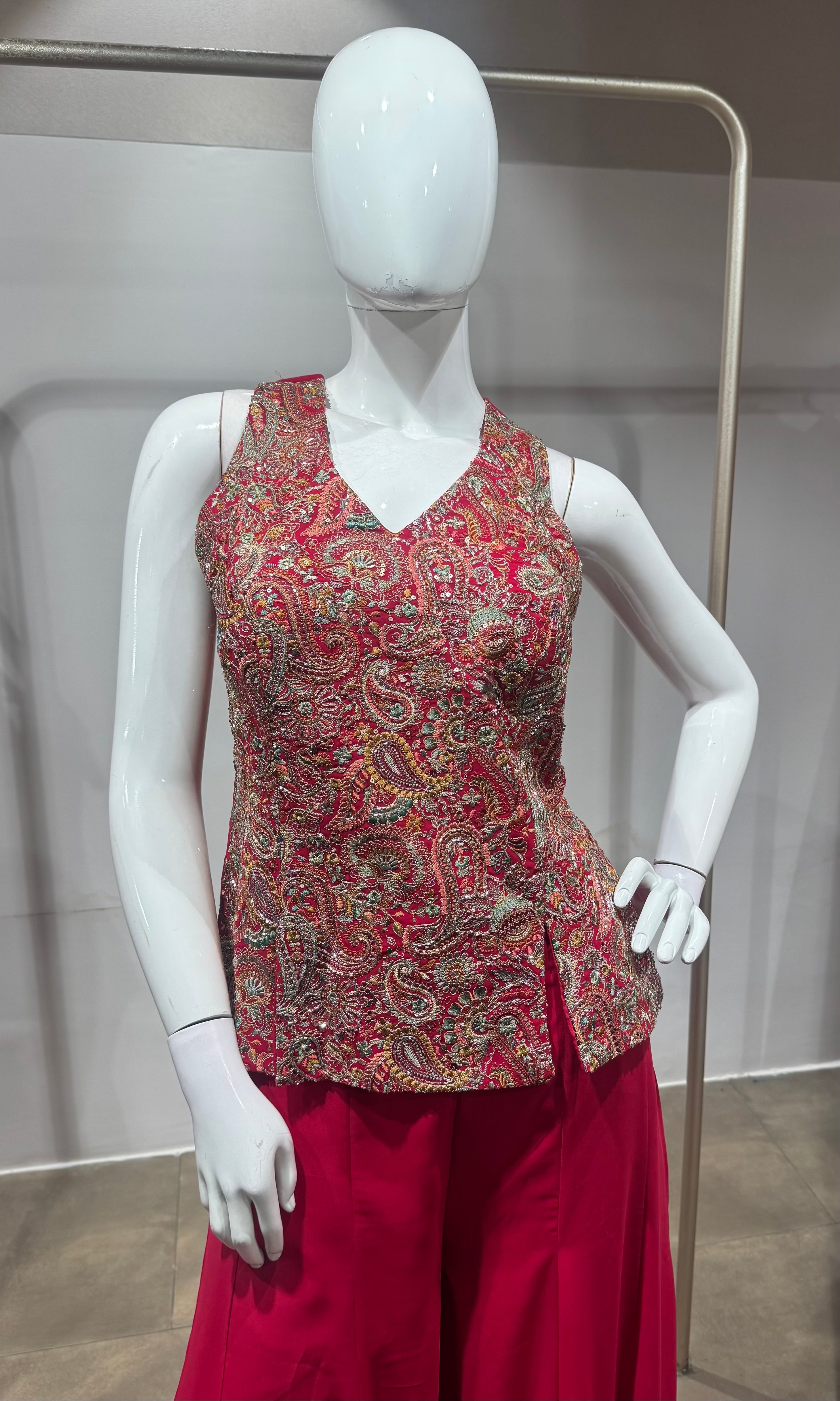 Pink Embroidered Peplum Palazzo Set