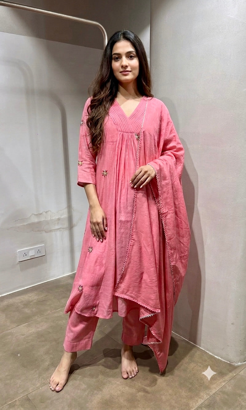 Pink Cotton Flared Kurta Suit with Embroidery