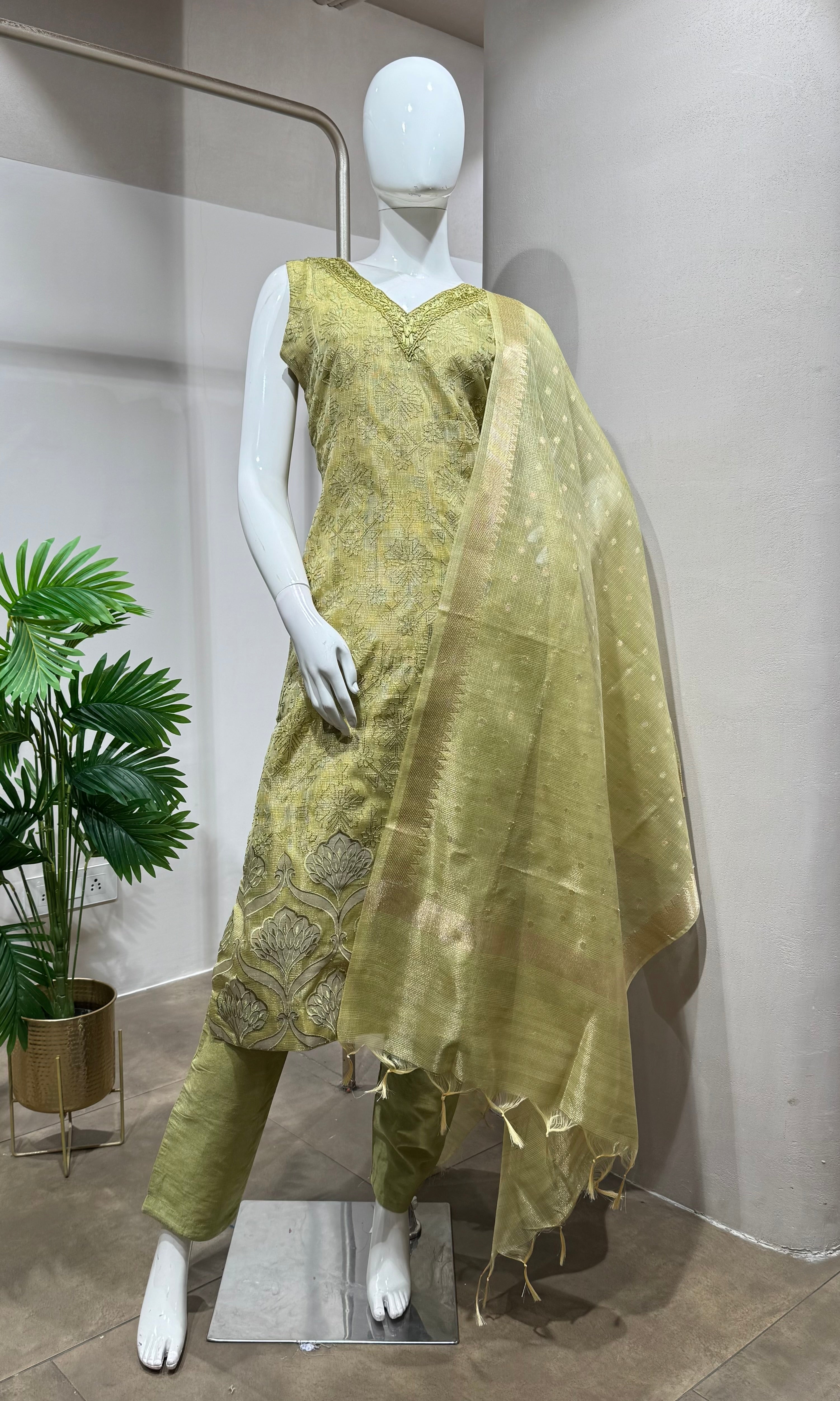 mehandi green embroidered tissue kurta set