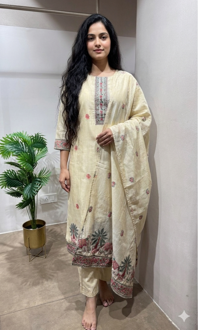 BEIGE Classic Cream Floral kurta set