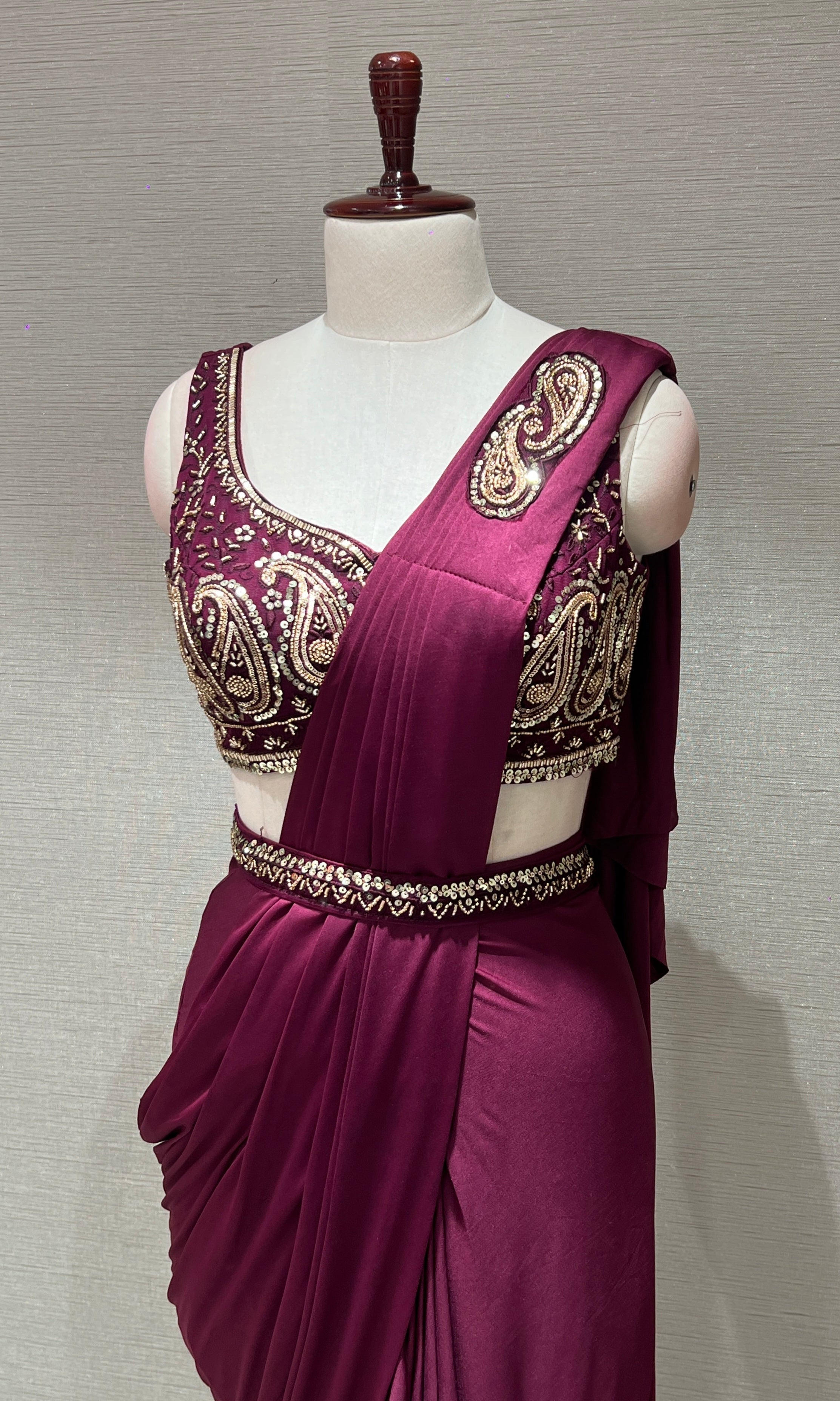 WINE Embellished Drape Saree WITH BLOUSE & BELT