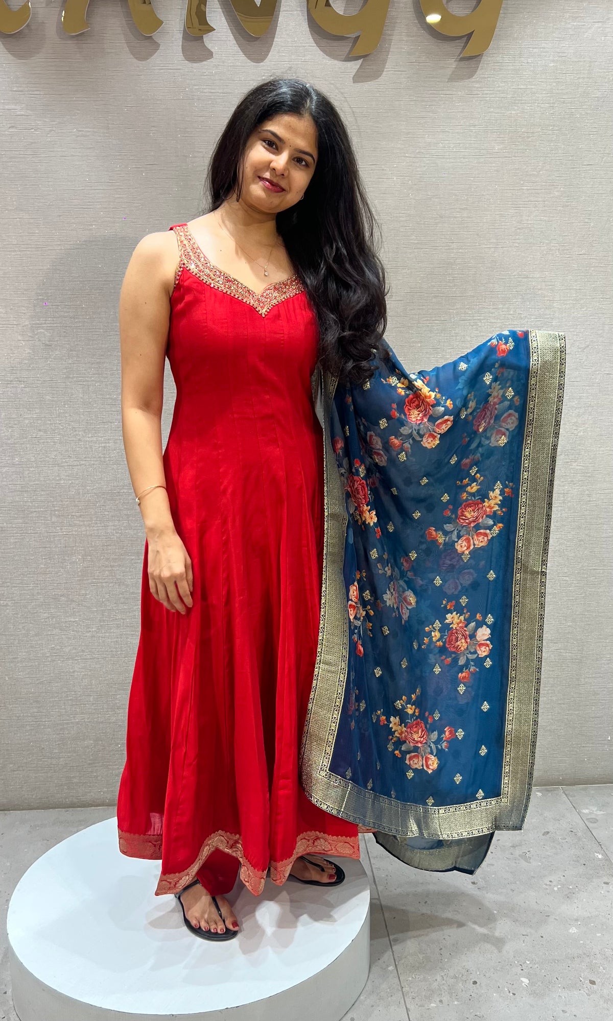 Red Georgette Anarkali Set with Blue Floral Dupatta