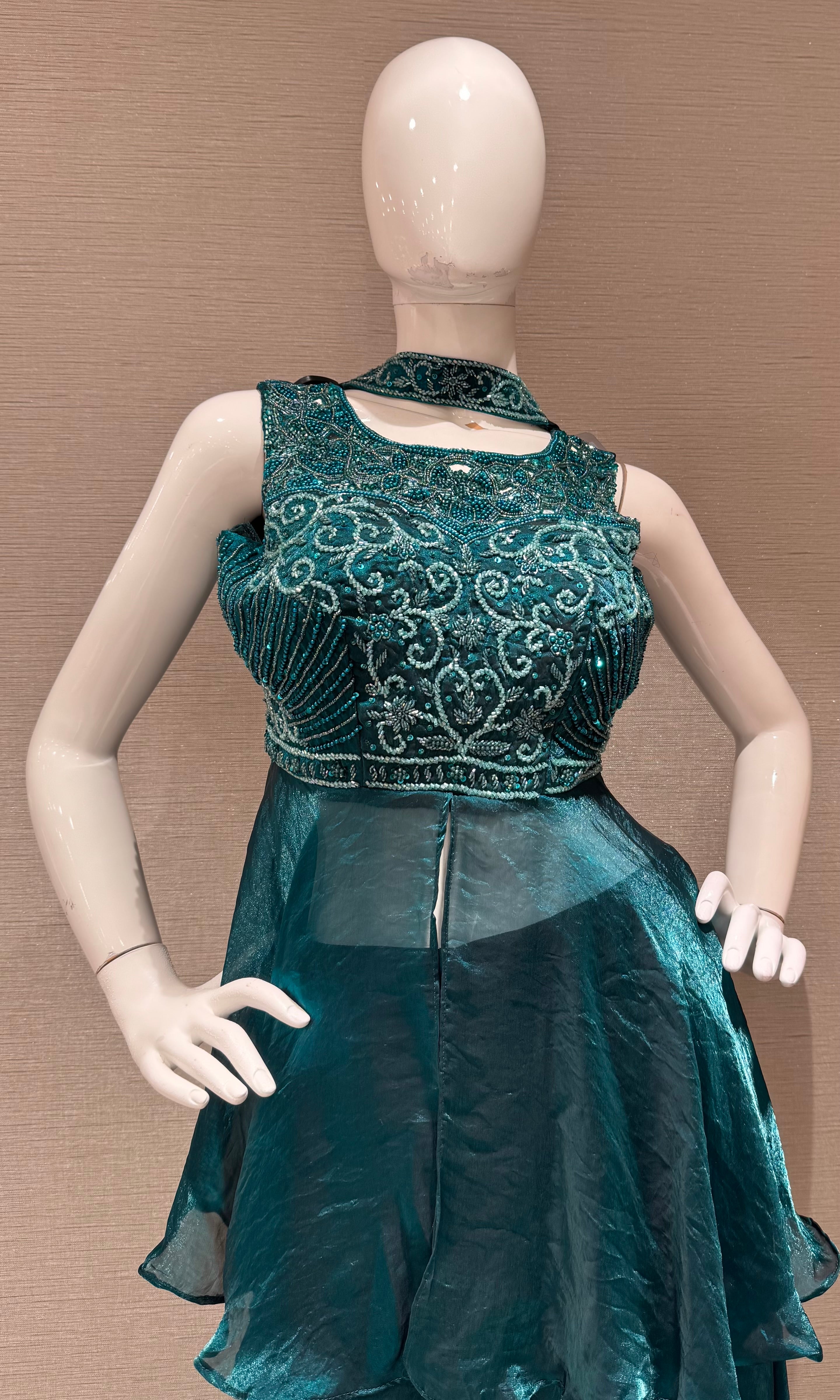 Green Embellished Peplum Palazzo set