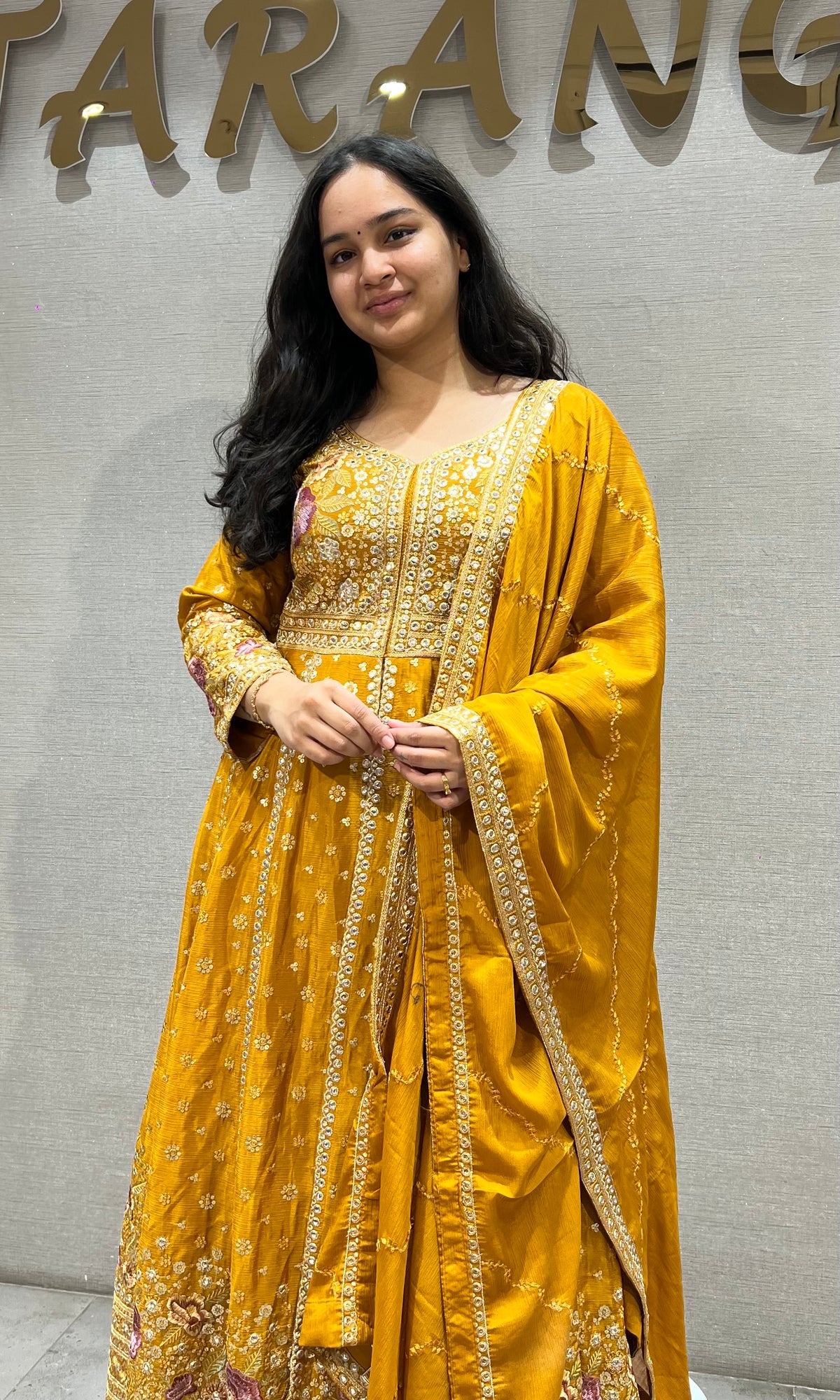 Mustard Yellow Silk Anarkali set with Zari dupatta