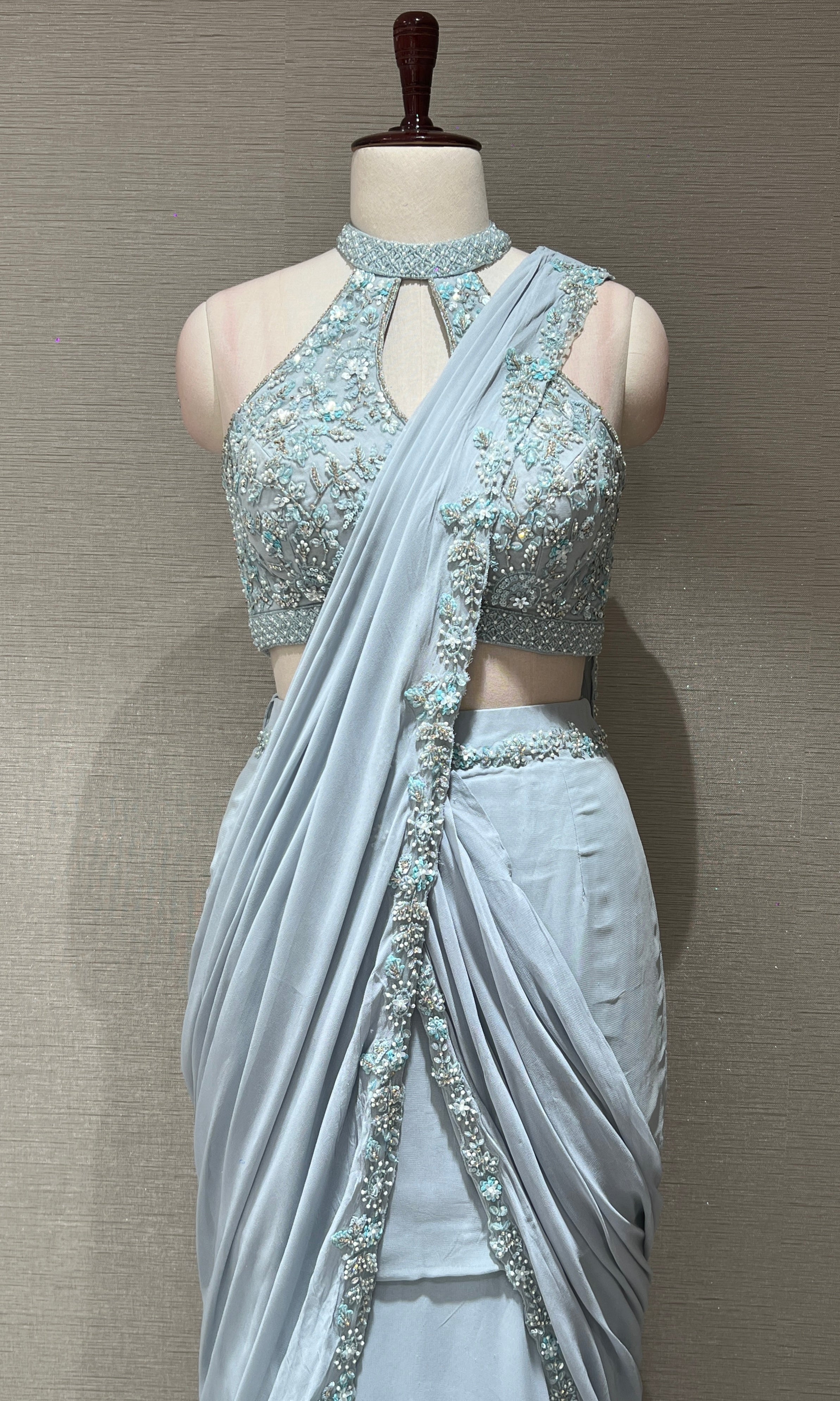 Sea Blue Draped Saree with Halter Blouse