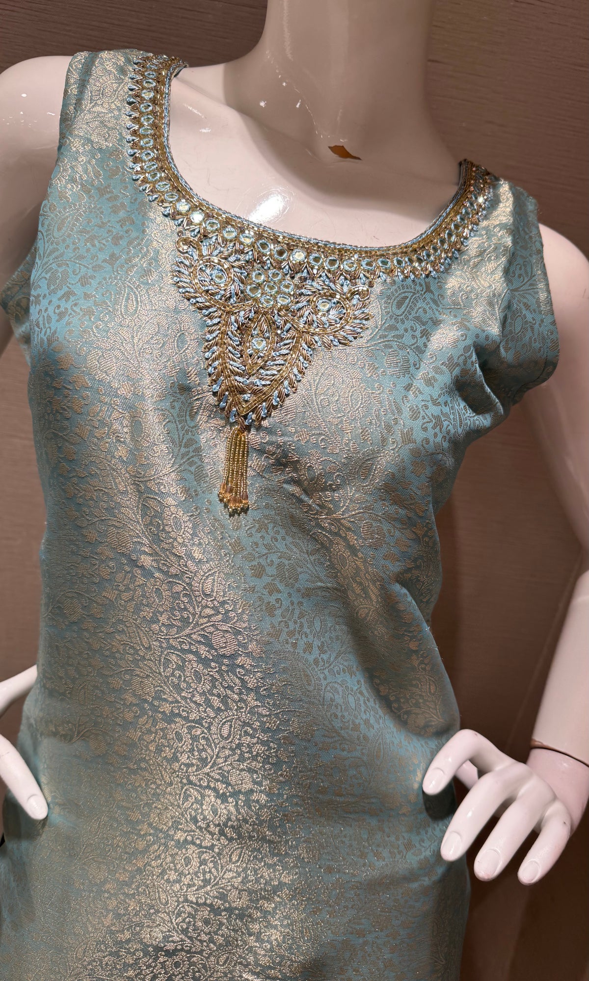 Light Blue Tissue silk Kurta Set with Striped Dupatta