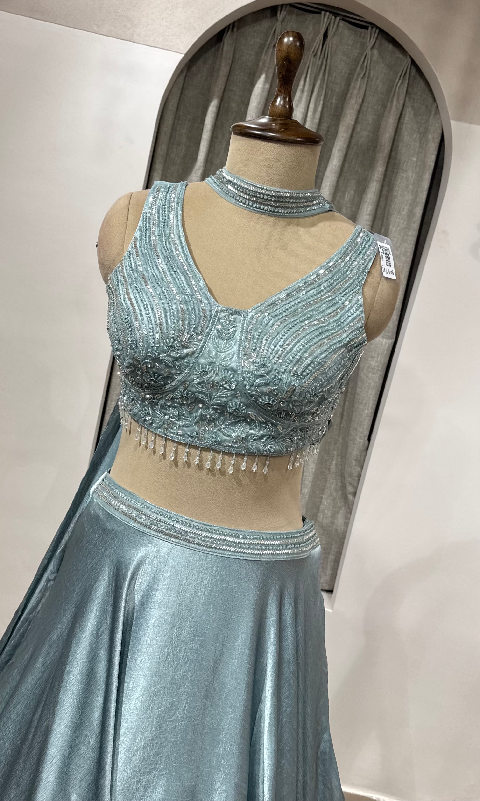 Sea green Lehenga with embroidered corset blouse