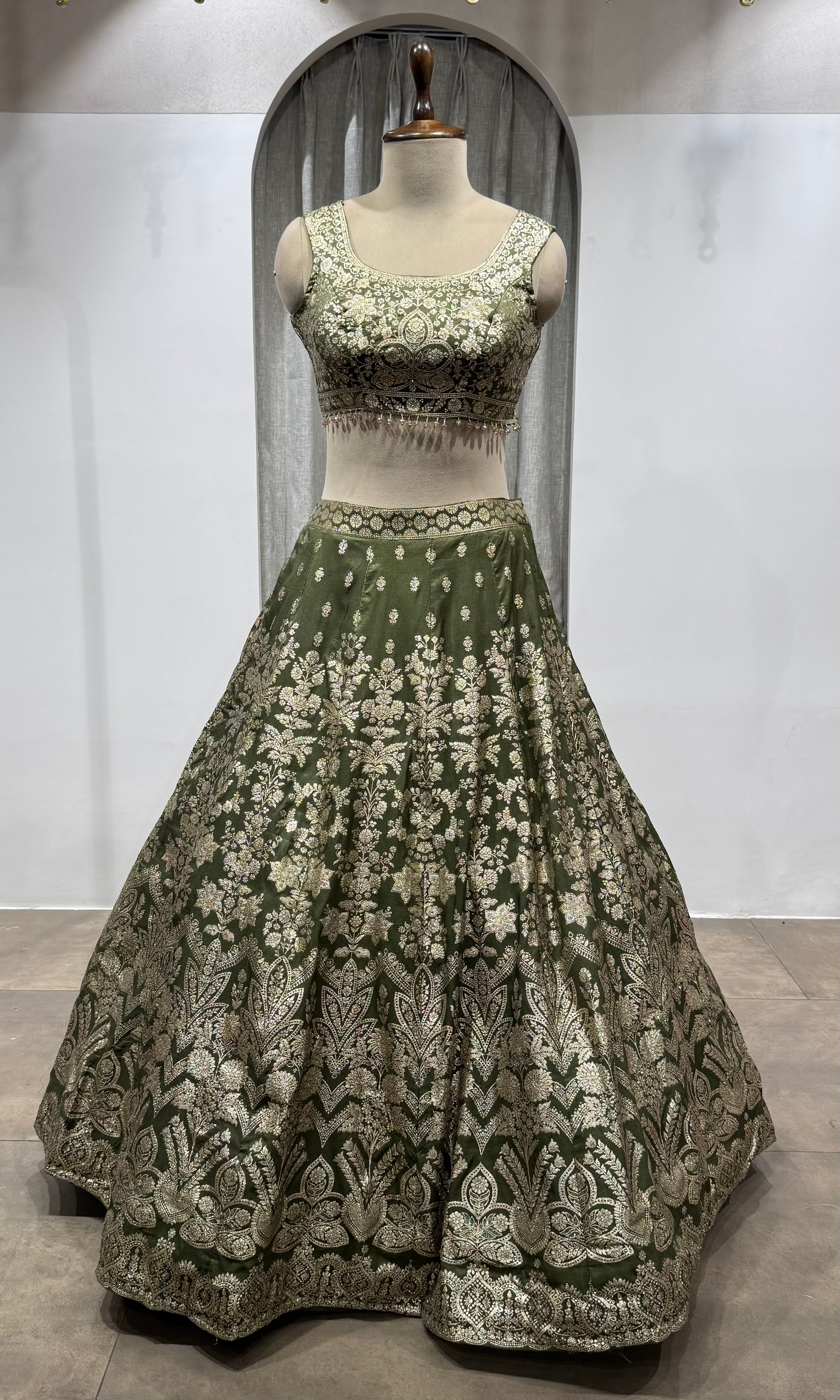 Mehendi Green Net Cord Embroidery Lehenga