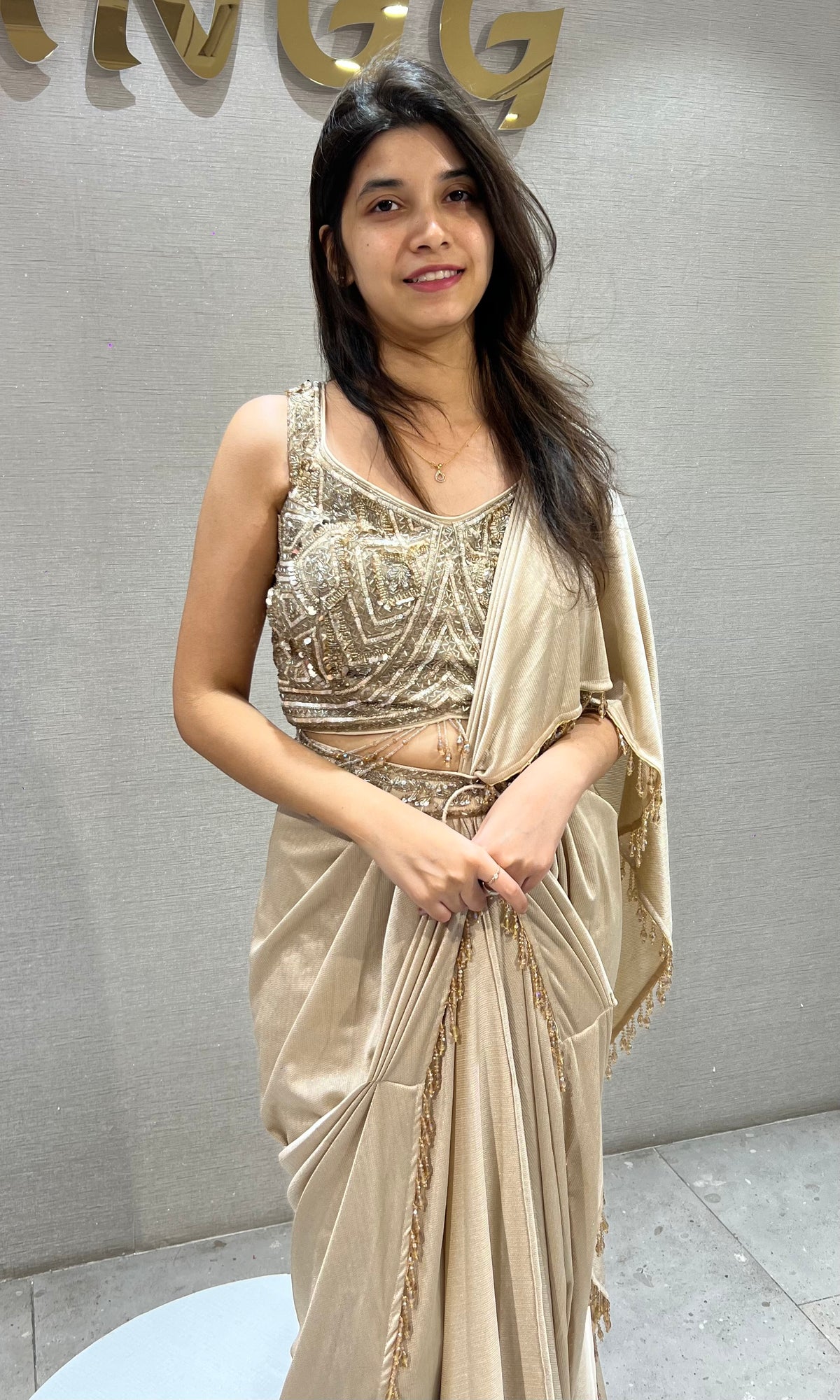BEIGE SILK SATIN DRAPE SAREE WITH EMBROIDERED BLOUSE