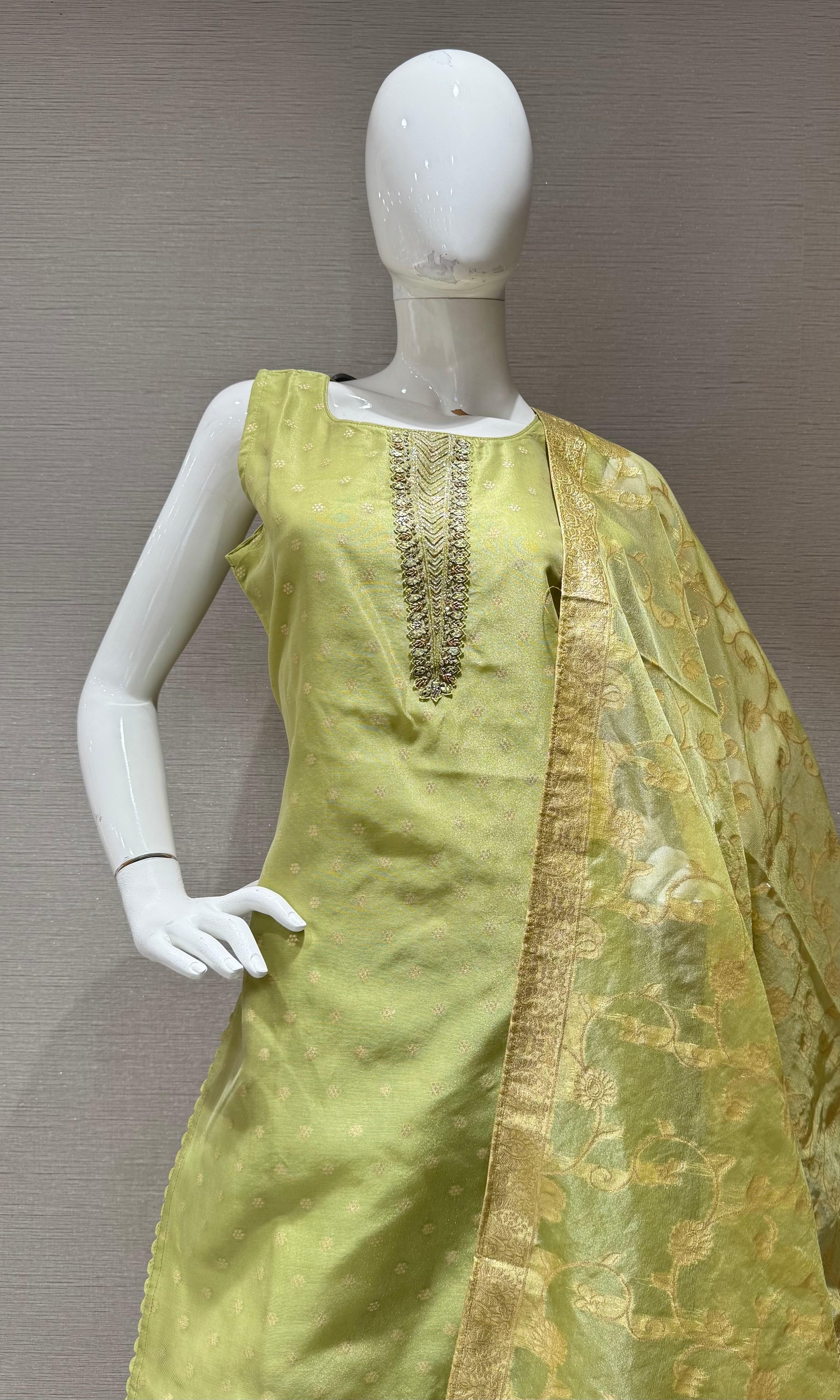 Pista Green Silk Kurta Set with Gold Brocade Dupatta